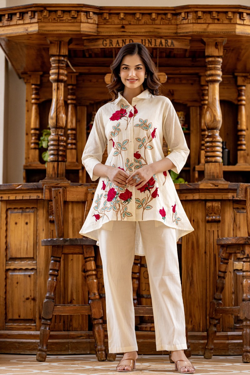 White Red Rose Cotton Embroidered Co-Ord Set