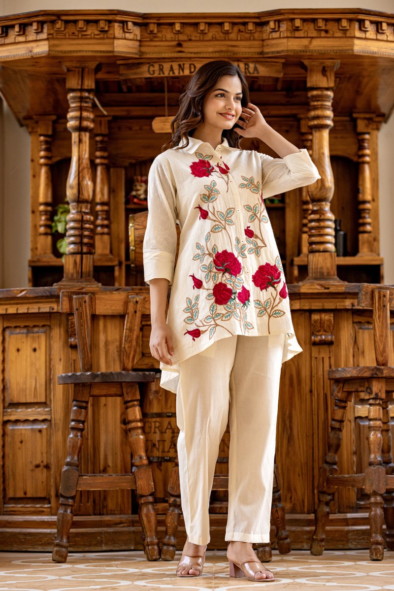 White Red Rose Cotton Embroidered Co-Ord Set