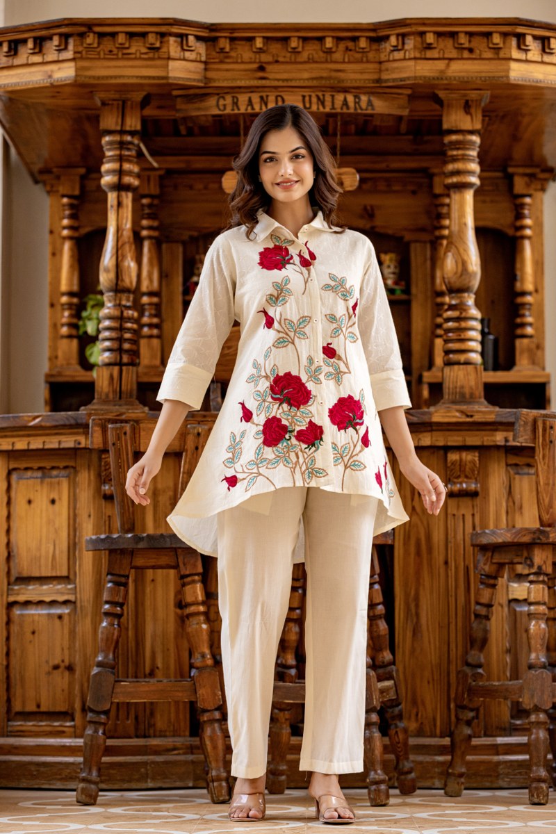 White Red Rose Cotton Embroidered Co-Ord Set