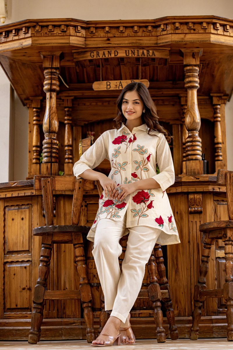 White Red Rose Cotton Embroidered Co-Ord Set
