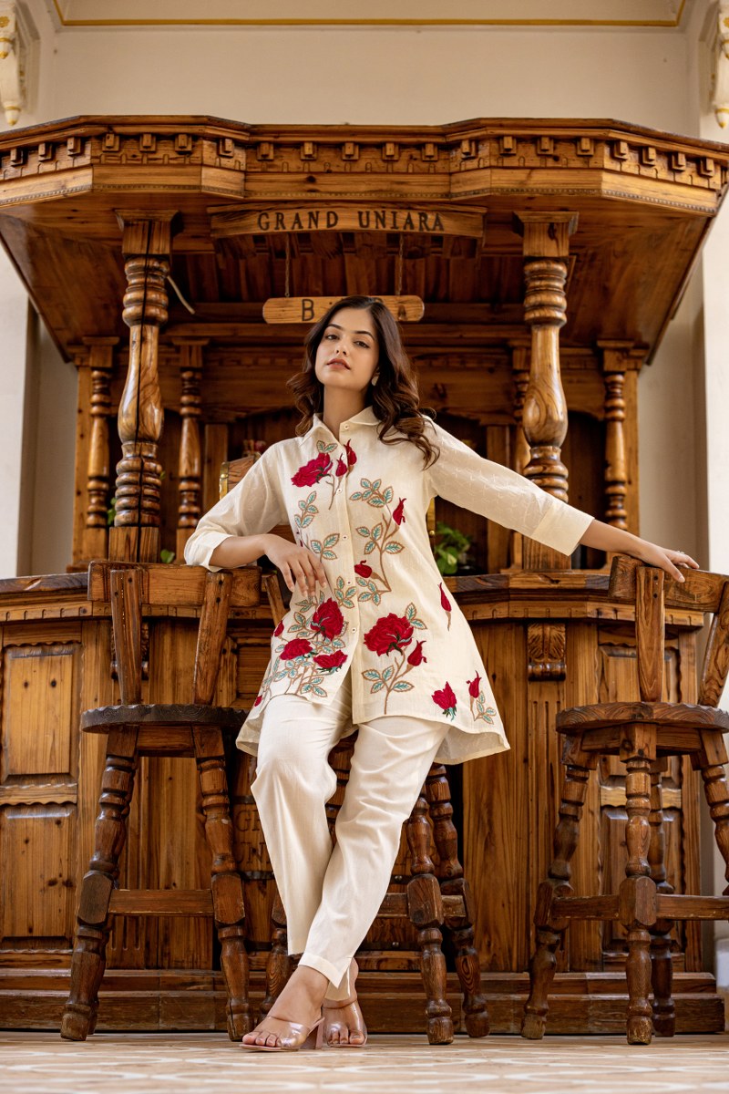 White Red Rose Cotton Embroidered Co-Ord Set
