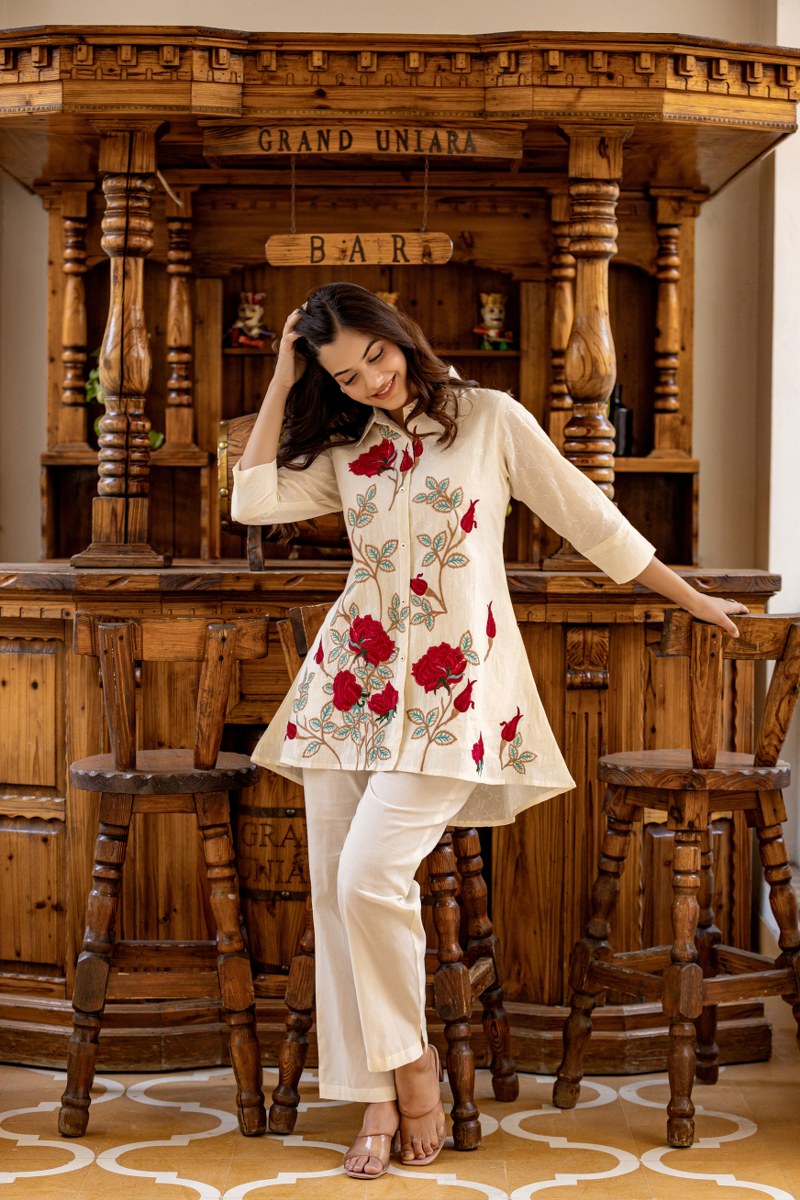 White Red Rose Cotton Embroidered Co-Ord Set