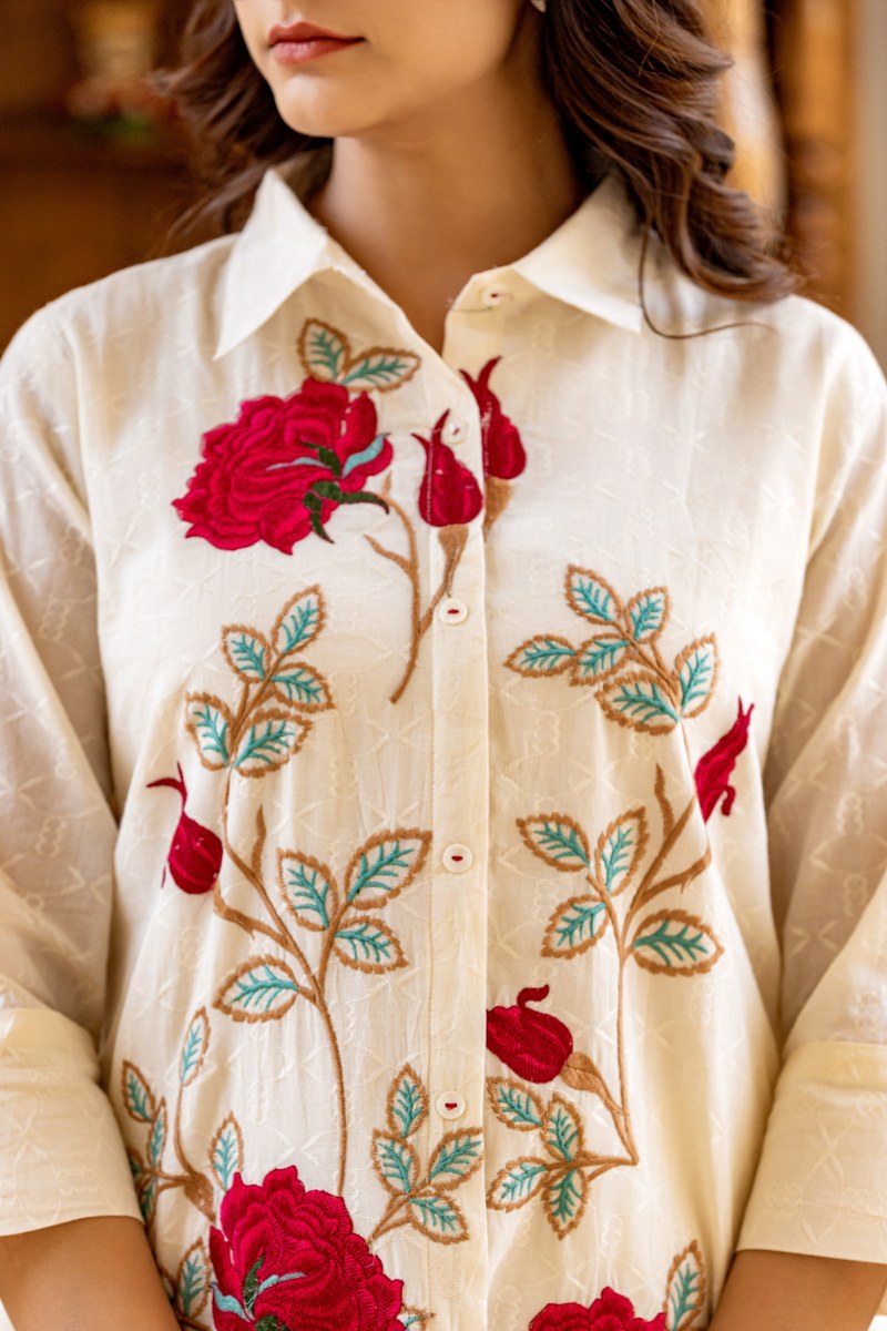 White Red Rose Cotton Embroidered Co-Ord Set