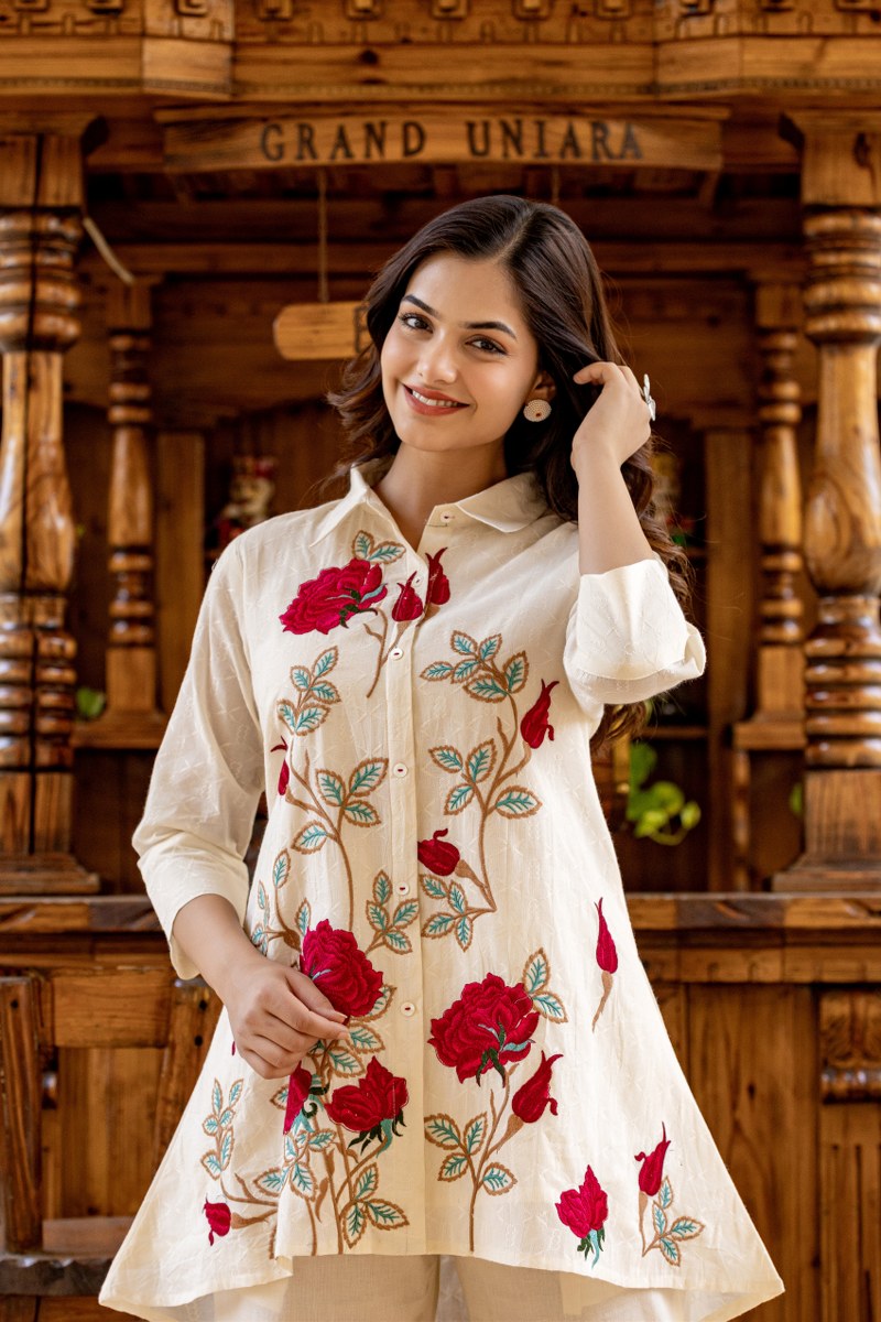 White Red Rose Cotton Embroidered Co-Ord Set