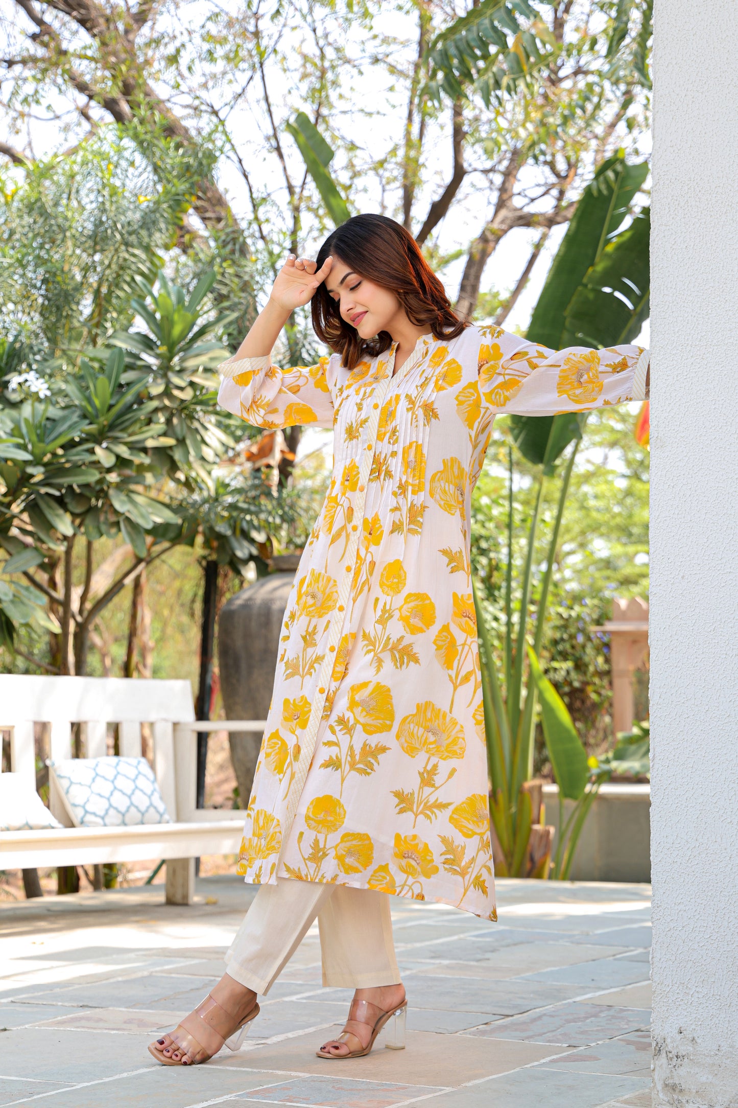 White And Yellow Floral Cotton Co-Ord Set