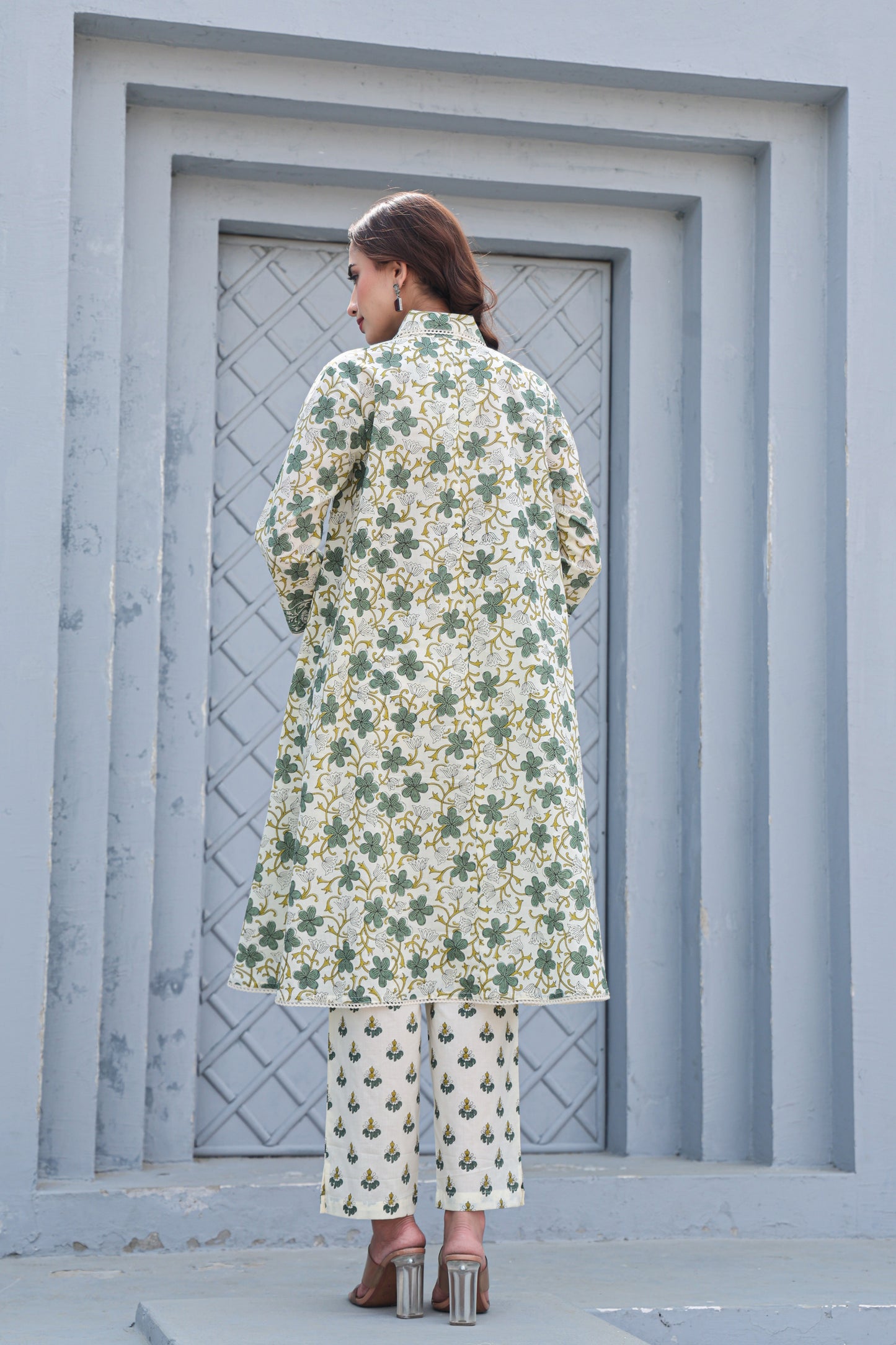 White Green Floral Cotton Co-Ord Set A Line Kurta Pant