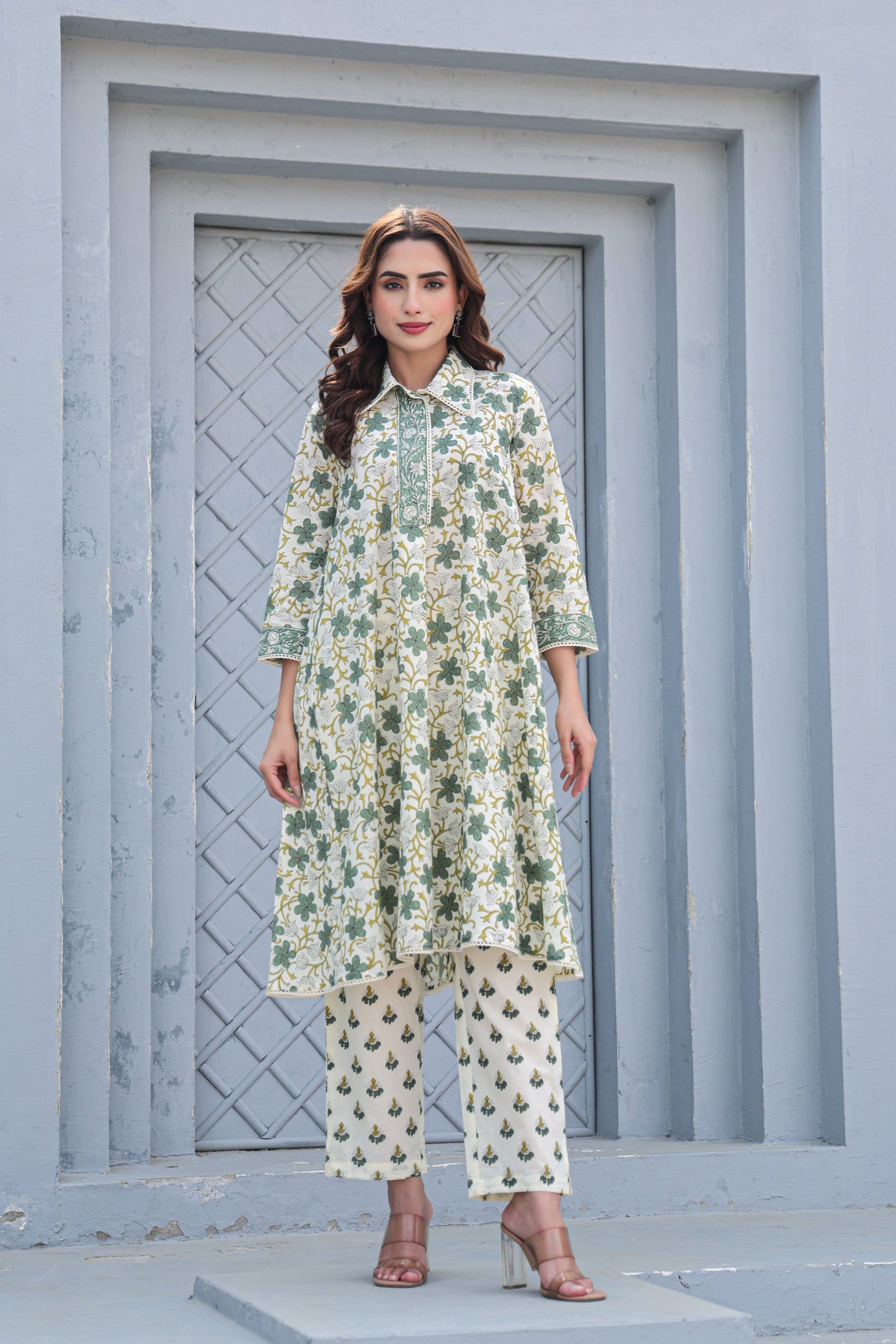 White Green Floral Cotton Co-Ord Set A Line Kurta Pant