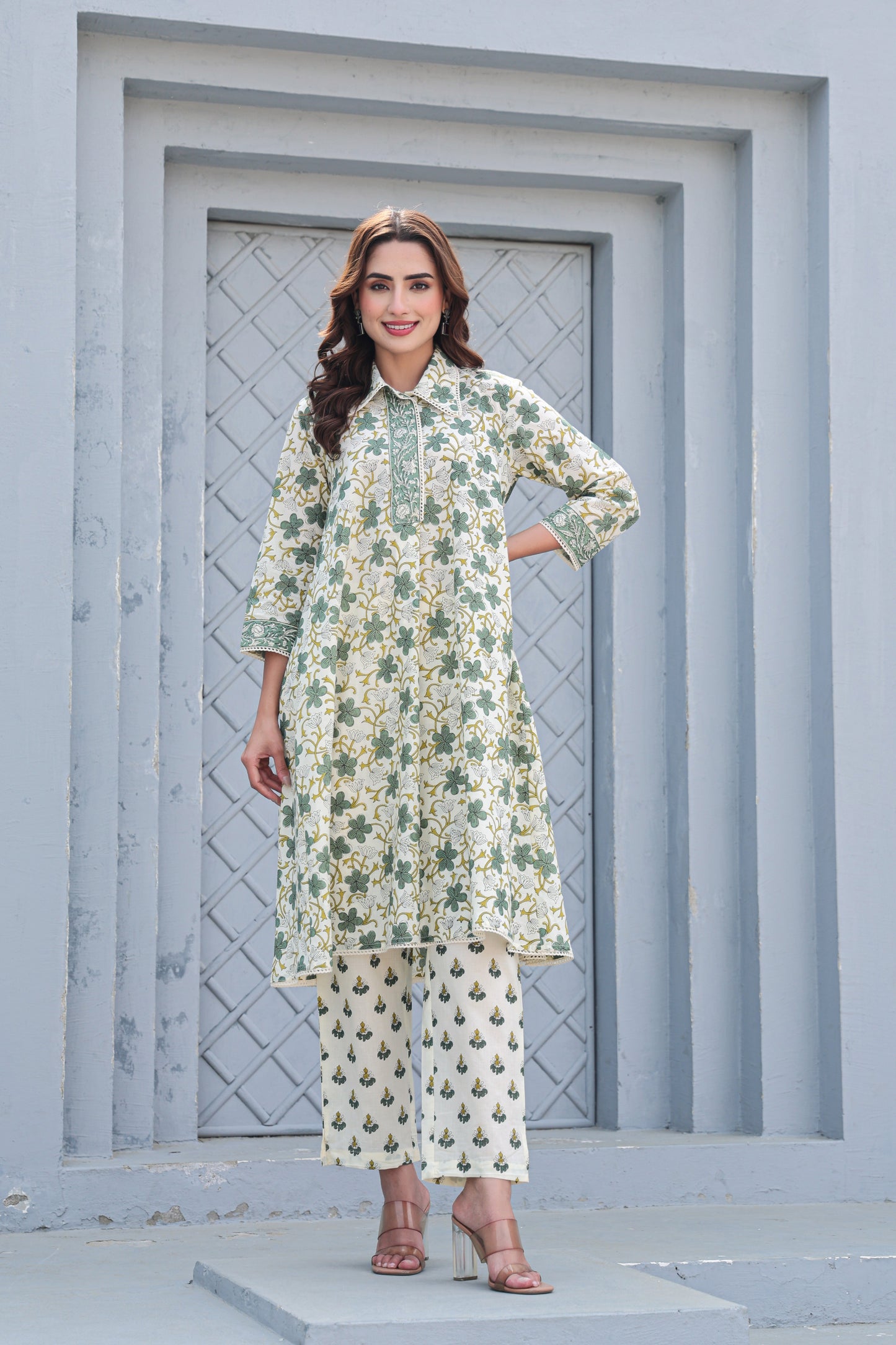 White Green Floral Cotton Co-Ord Set A Line Kurta Pant