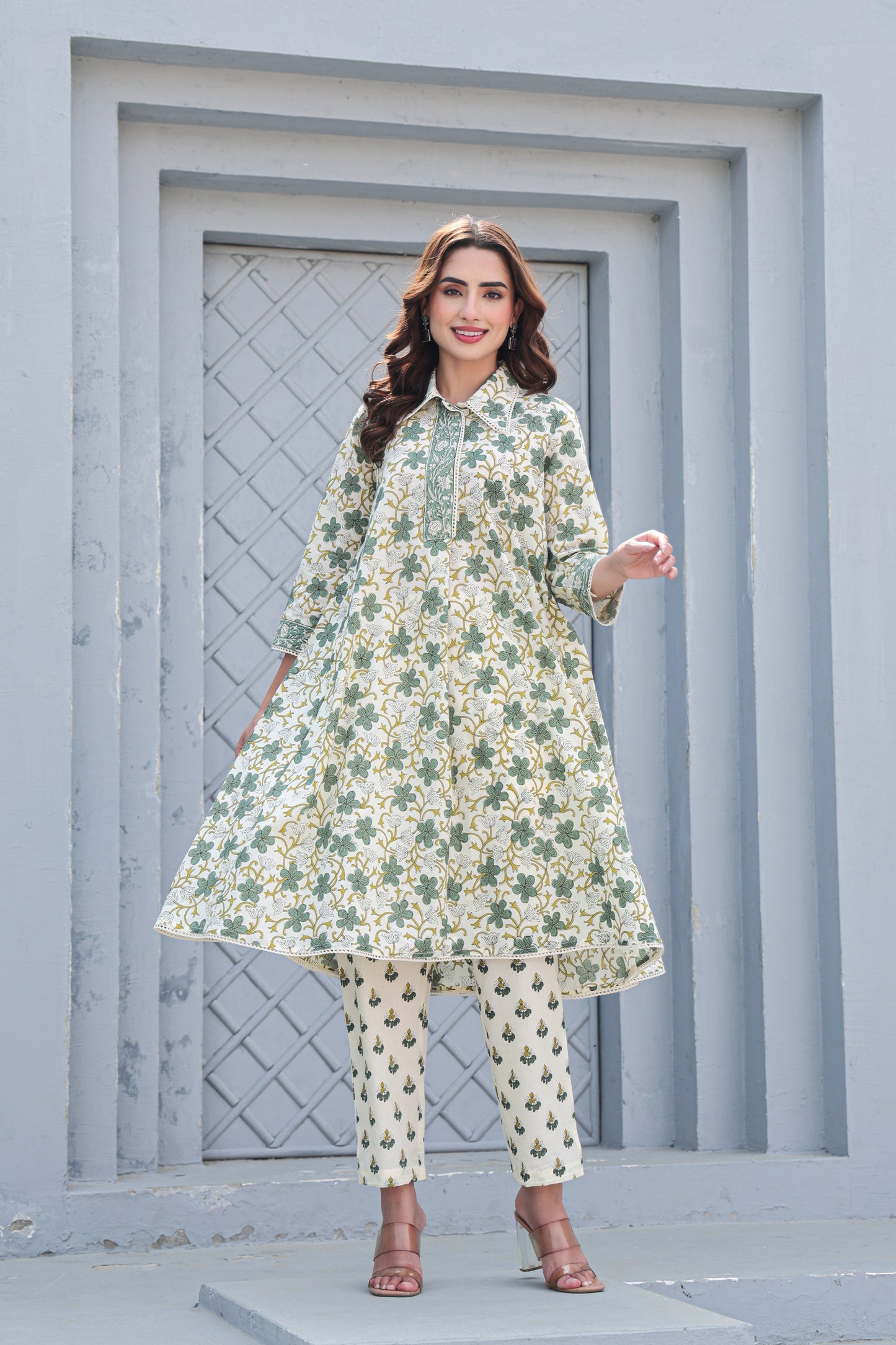 White Green Floral Cotton Co-Ord Set A Line Kurta Pant