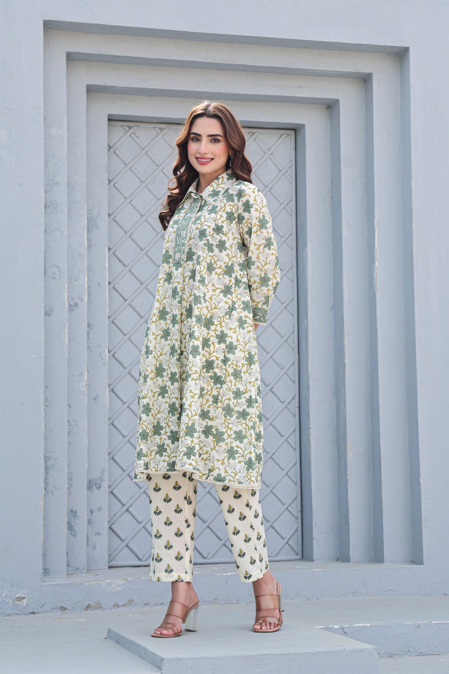 White Green Floral Cotton Co-Ord Set A Line Kurta Pant