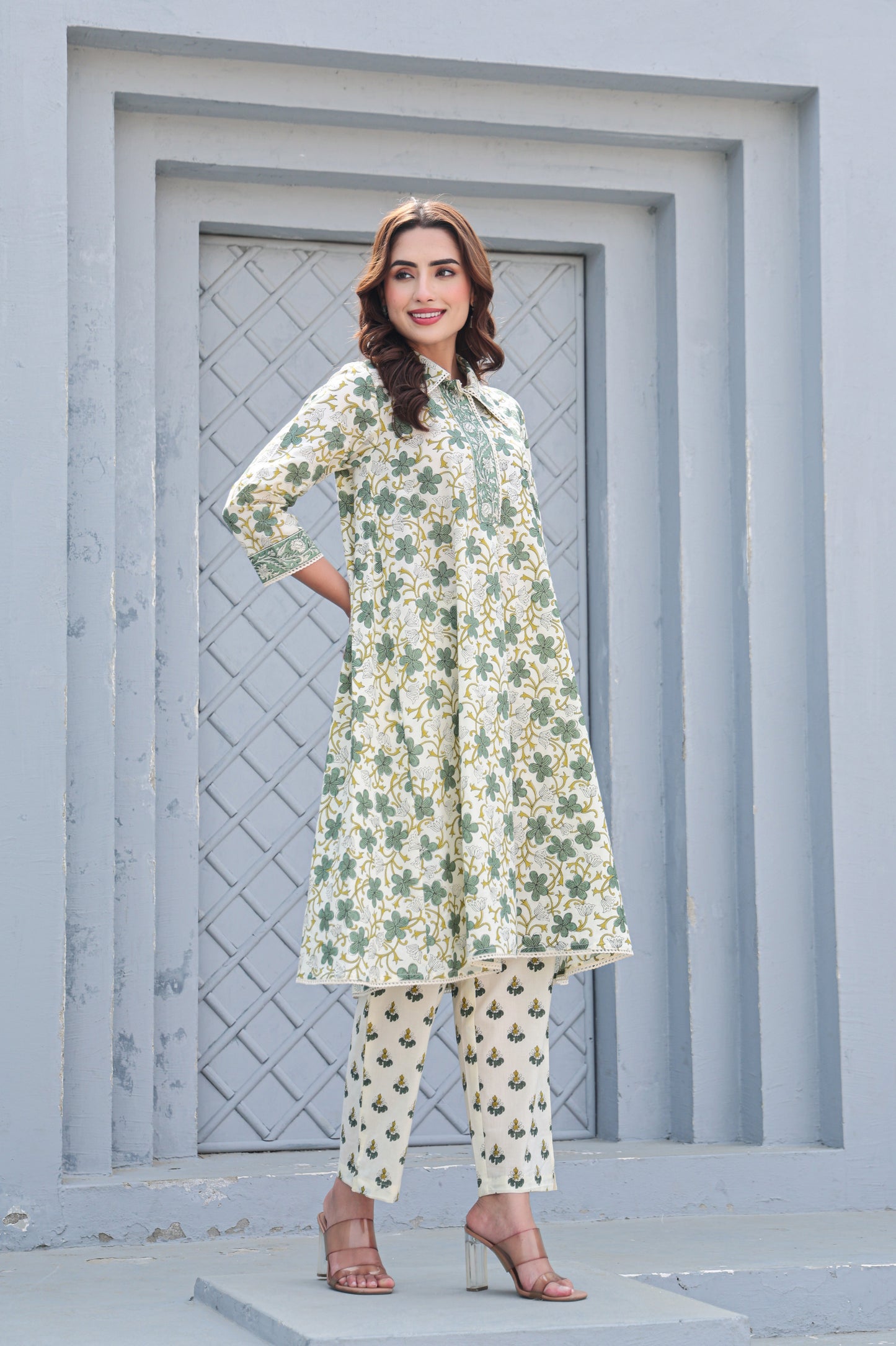 White Green Floral Cotton Co-Ord Set A Line Kurta Pant
