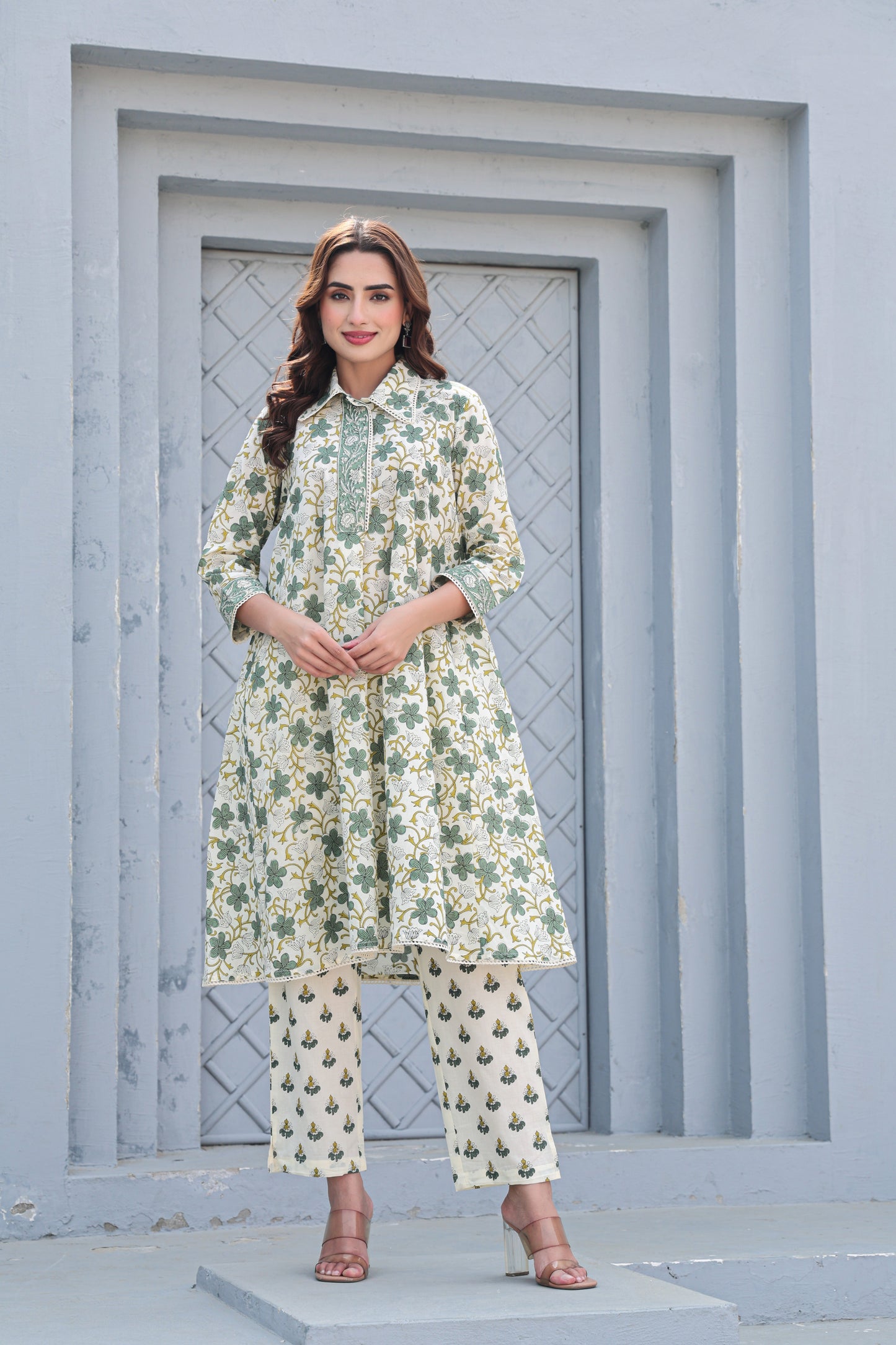 White Green Floral Cotton Co-Ord Set A Line Kurta Pant