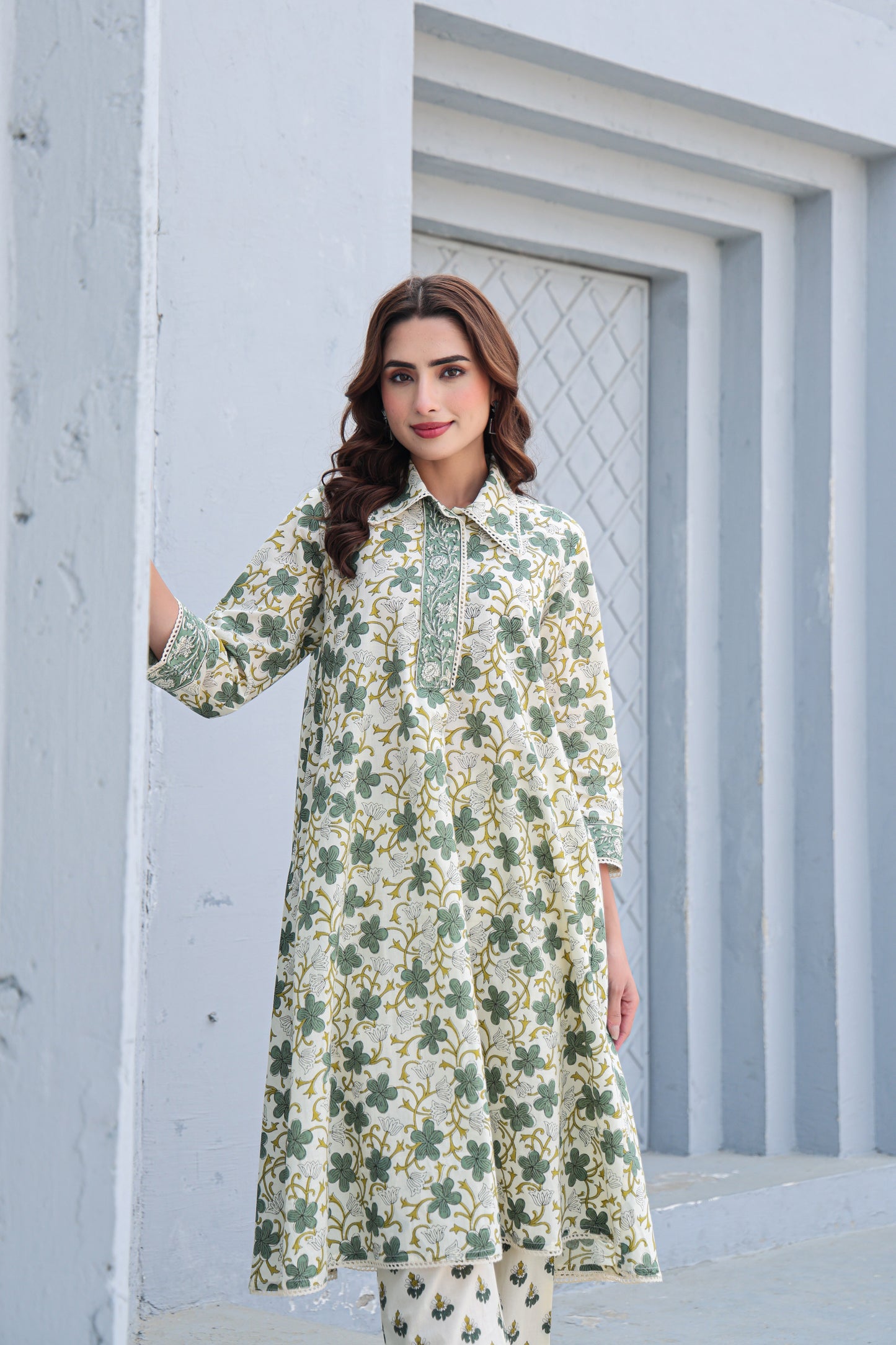 White Green Floral Cotton Co-Ord Set A Line Kurta Pant