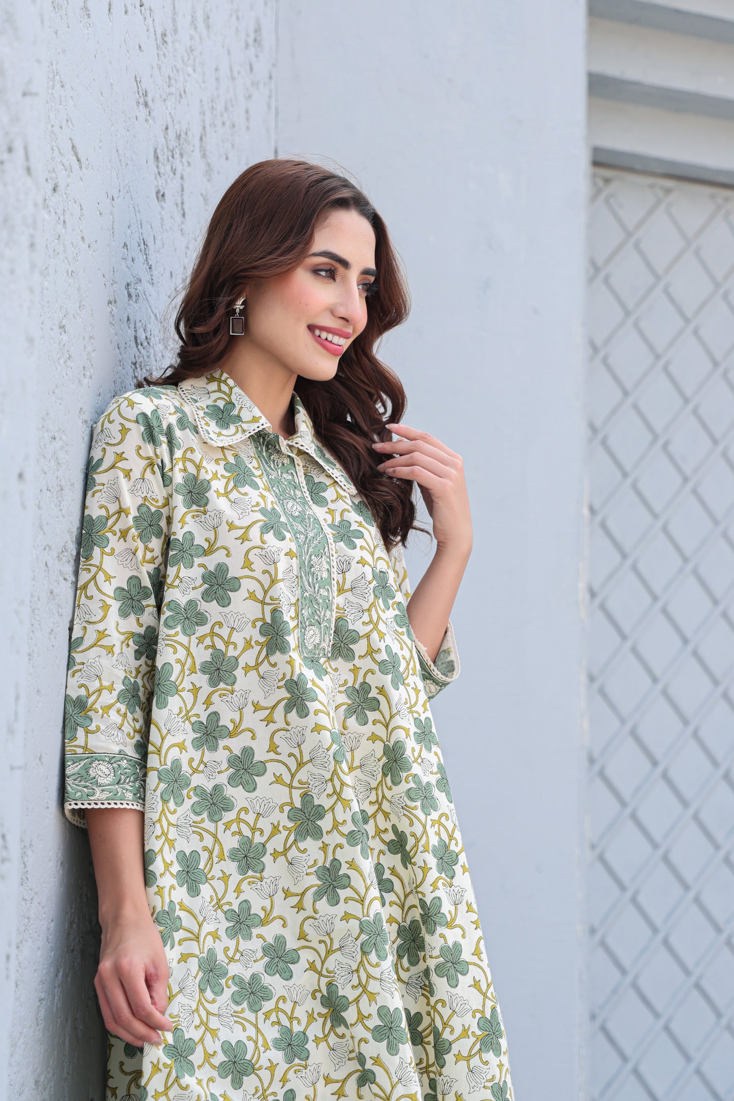 White Green Floral Cotton Co-Ord Set A Line Kurta Pant