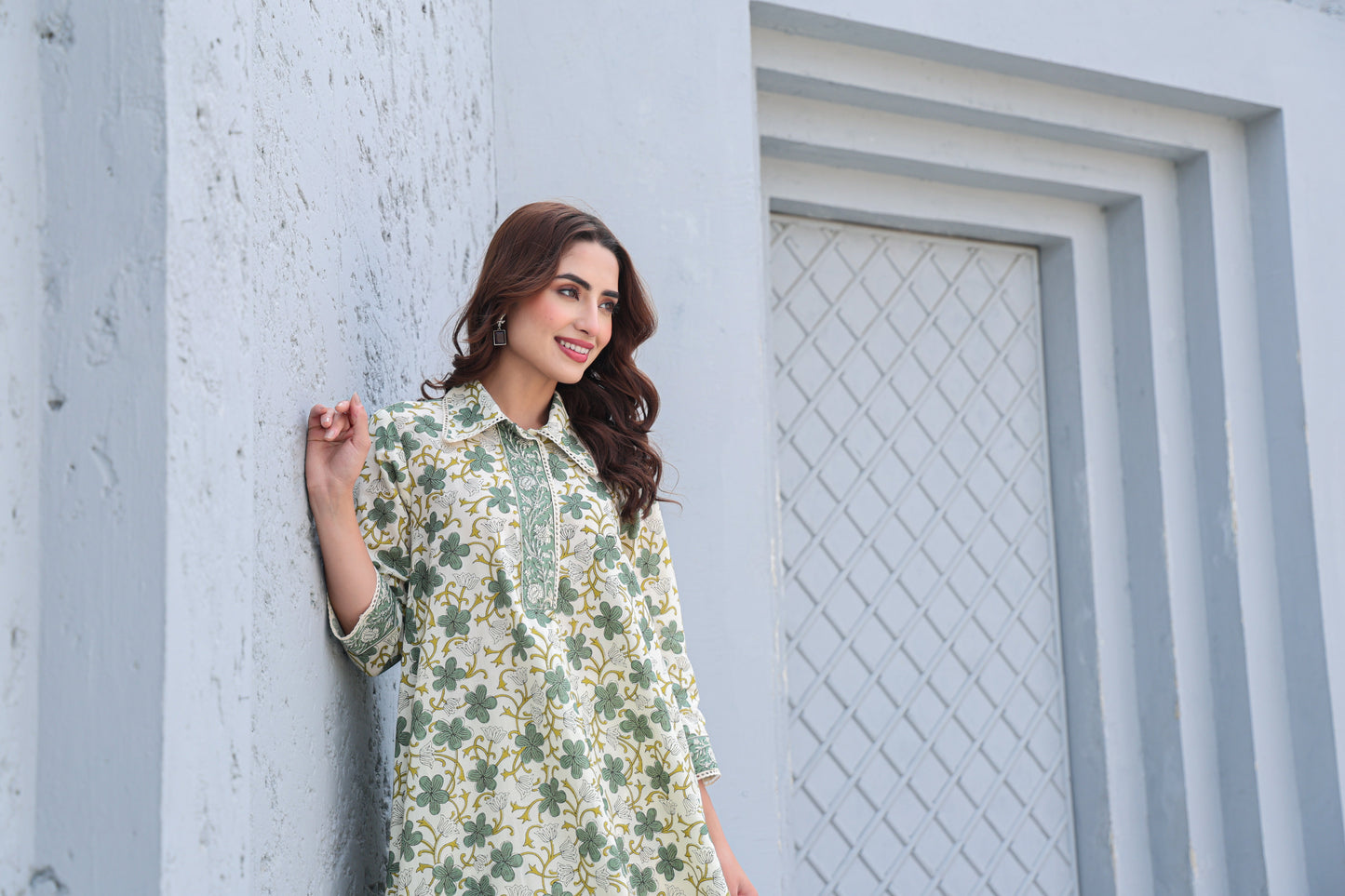 White Green Floral Cotton Co-Ord Set A Line Kurta Pant