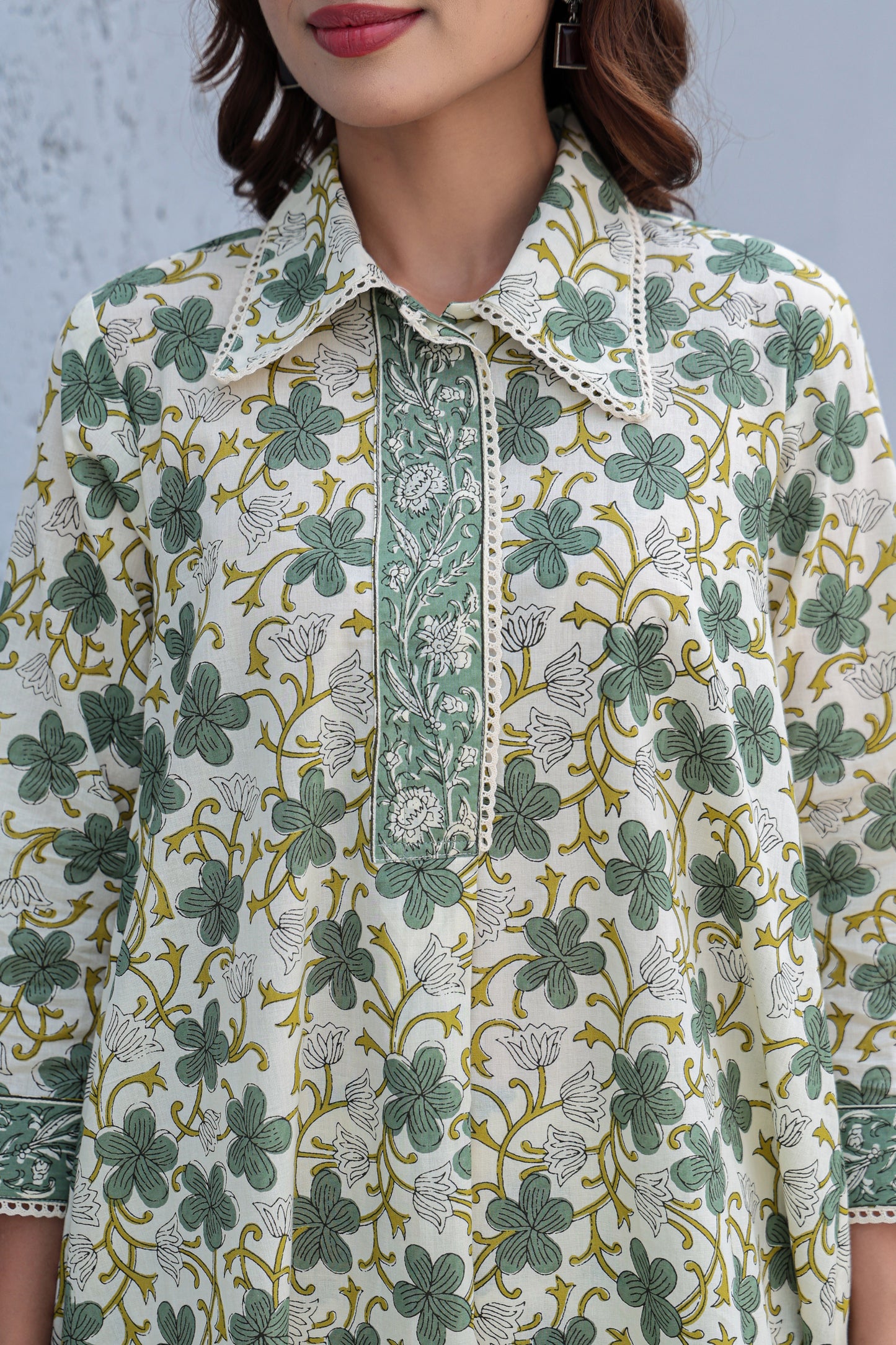 White Green Floral Cotton Co-Ord Set A Line Kurta Pant