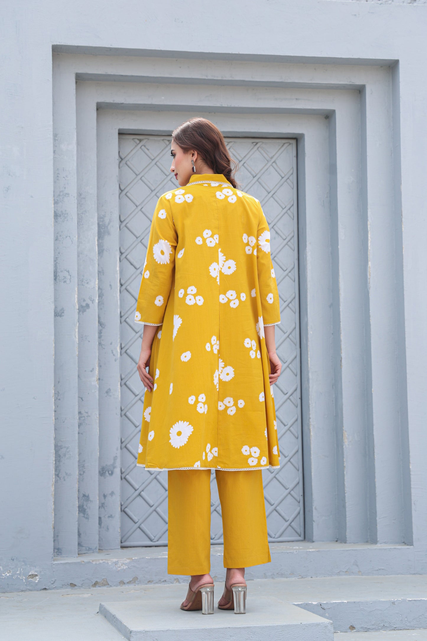 Mustard Yellow Floral Cotton Co-Ord Set A Line Kurta Pant