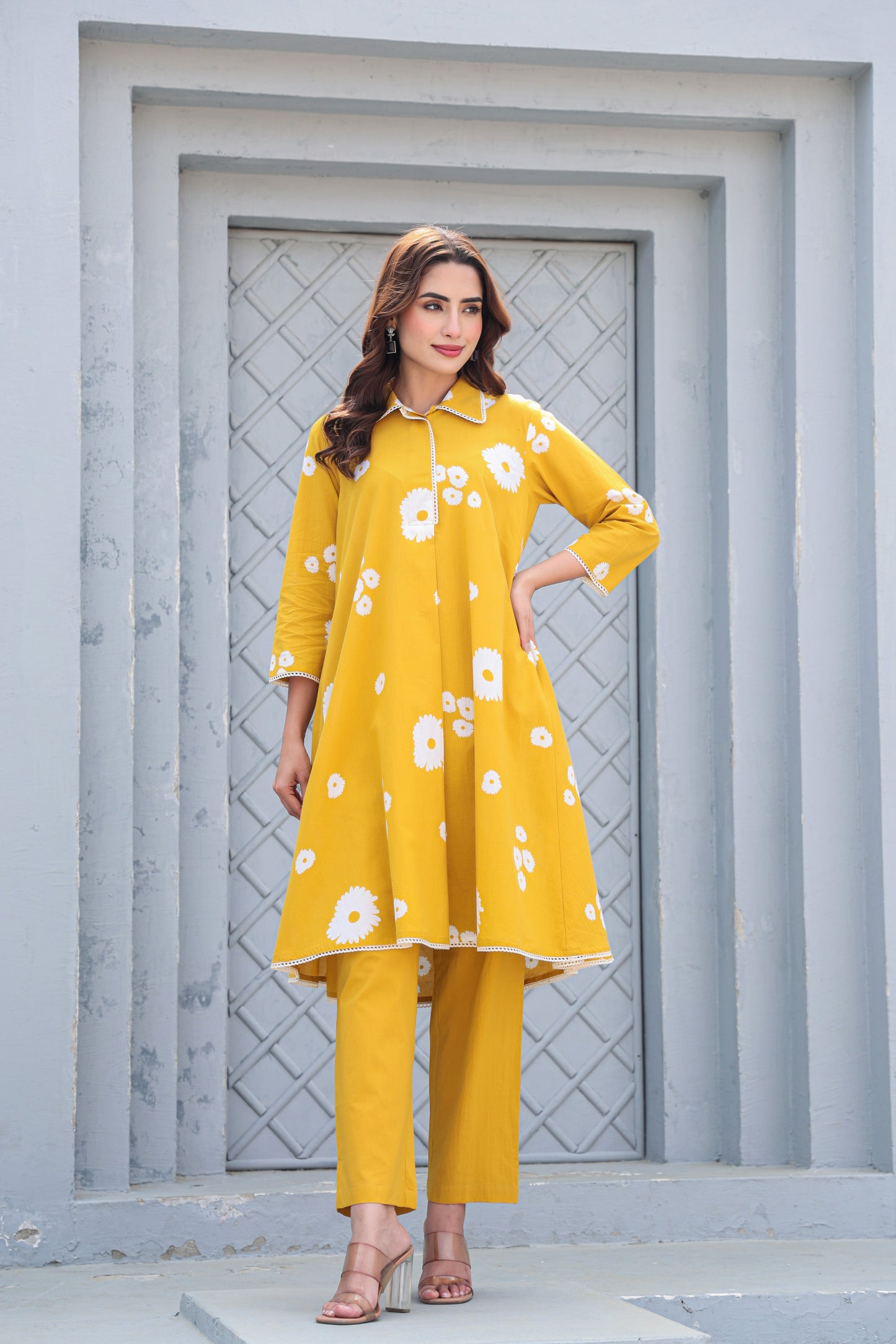 Mustard Yellow Floral Cotton Co-Ord Set A Line Kurta Pant
