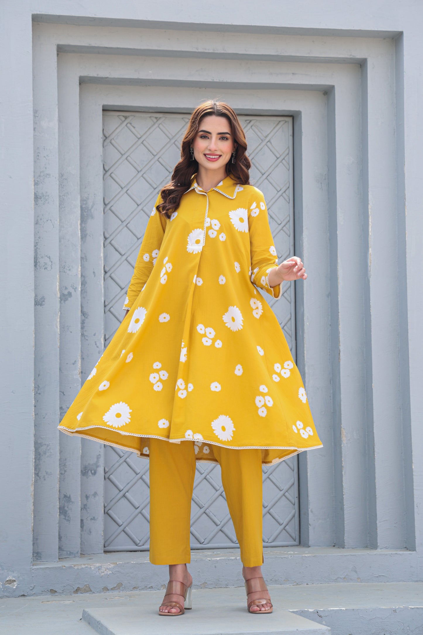 Mustard Yellow Floral Cotton Co-Ord Set A Line Kurta Pant