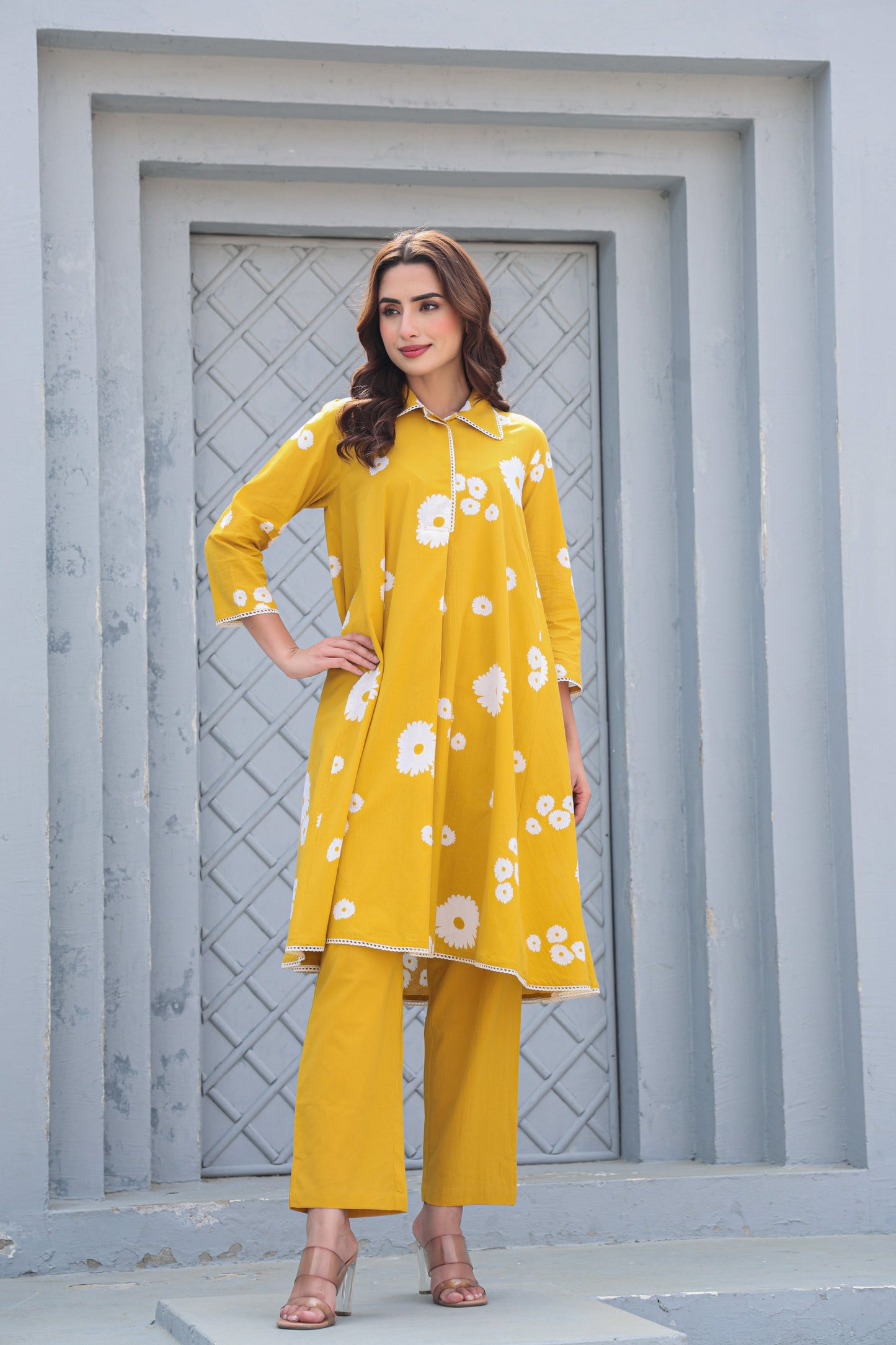 Mustard Yellow Floral Cotton Co-Ord Set A Line Kurta Pant
