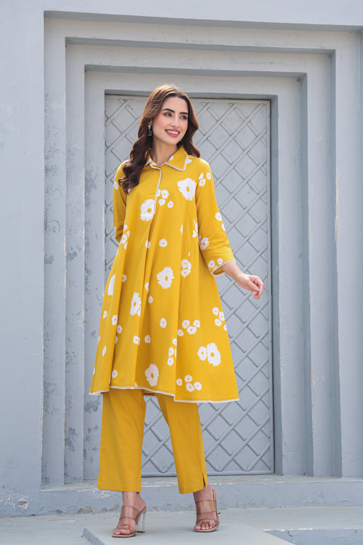 Mustard Yellow Floral Cotton Co-Ord Set A Line Kurta Pant