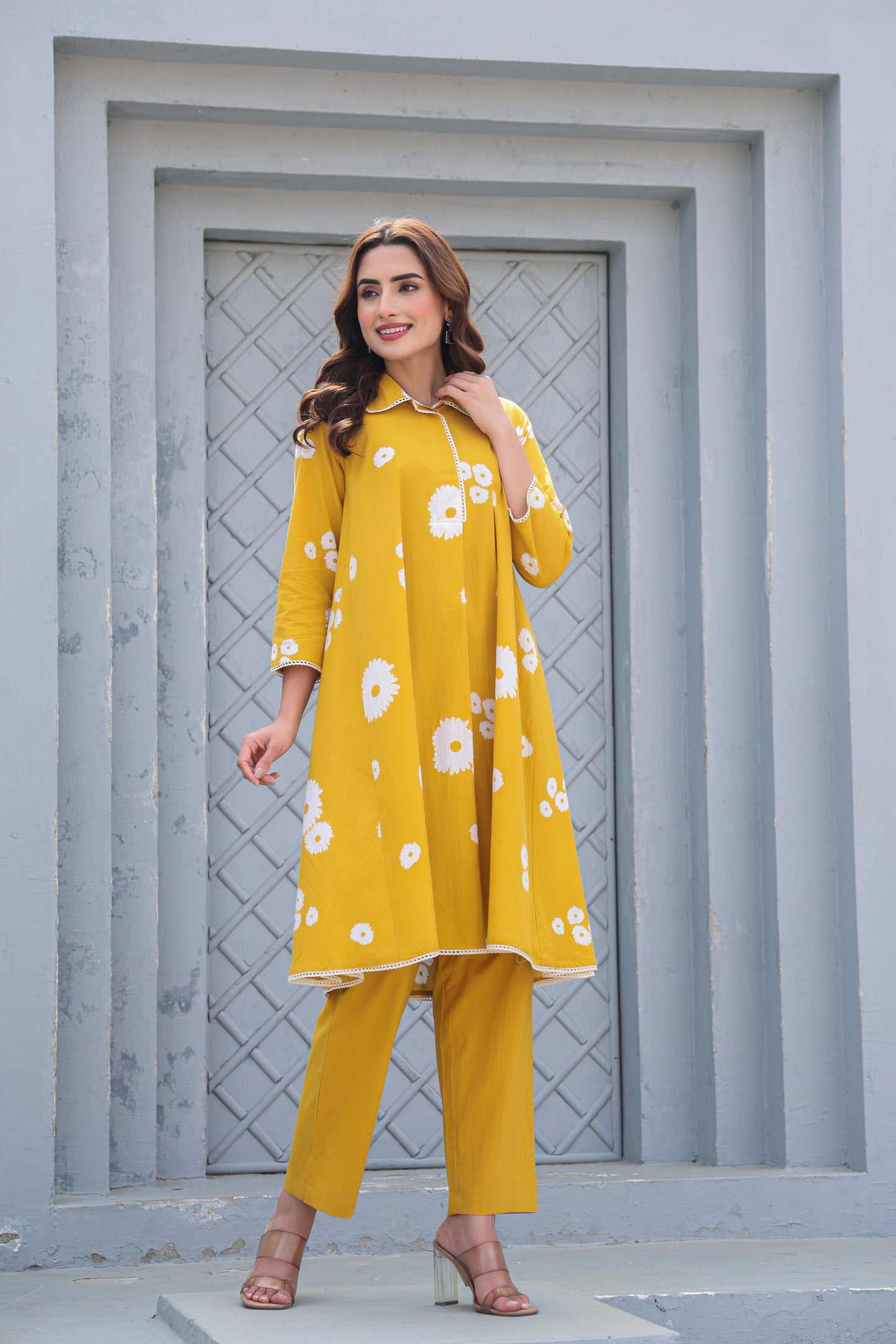 Mustard Yellow Floral Cotton Co-Ord Set A Line Kurta Pant
