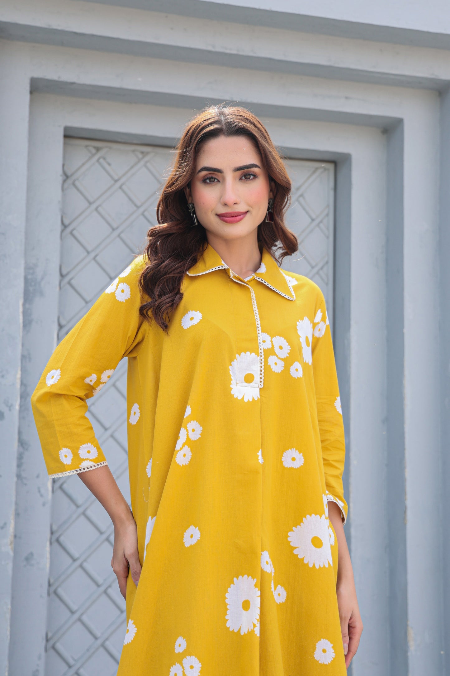Mustard Yellow Floral Cotton Co-Ord Set A Line Kurta Pant