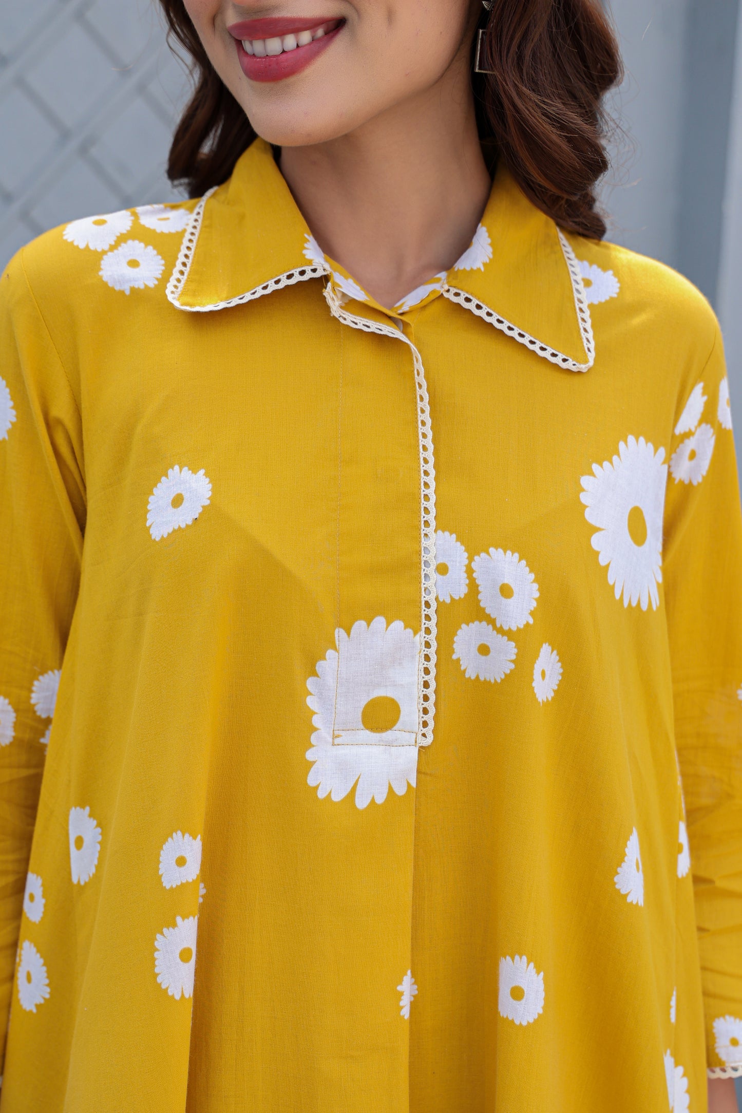 Mustard Yellow Floral Cotton Co-Ord Set A Line Kurta Pant