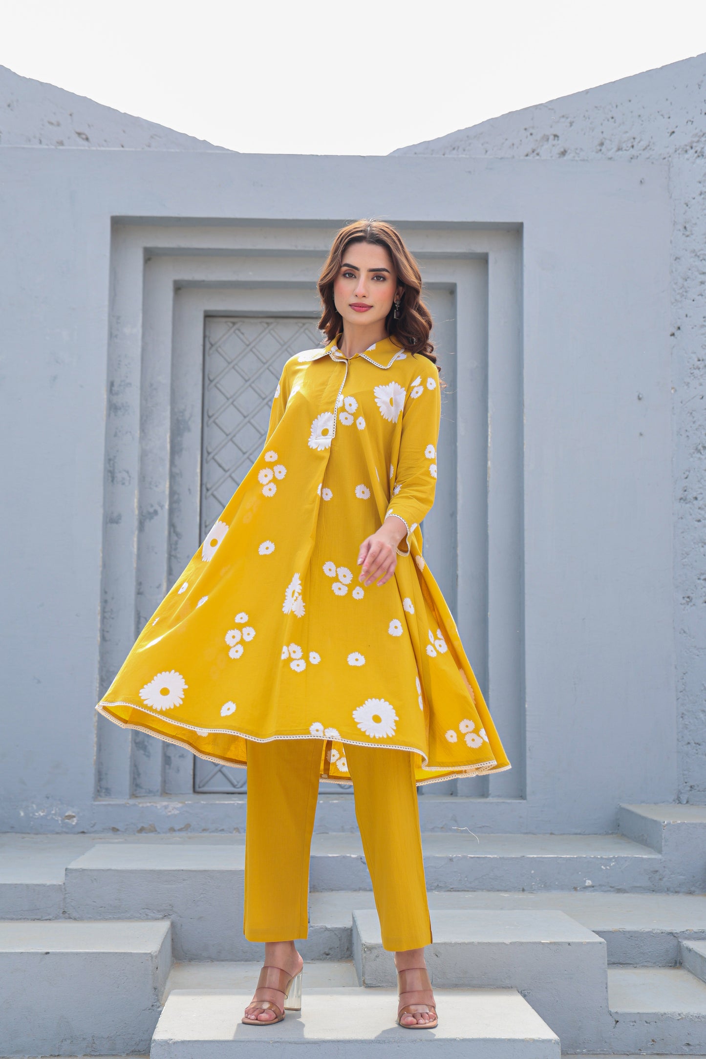 Mustard Yellow Floral Cotton Co-Ord Set A Line Kurta Pant