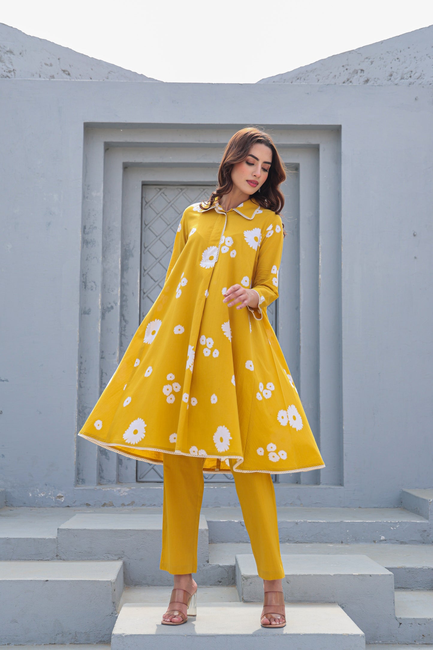 Mustard Yellow Floral Cotton Co-Ord Set A Line Kurta Pant