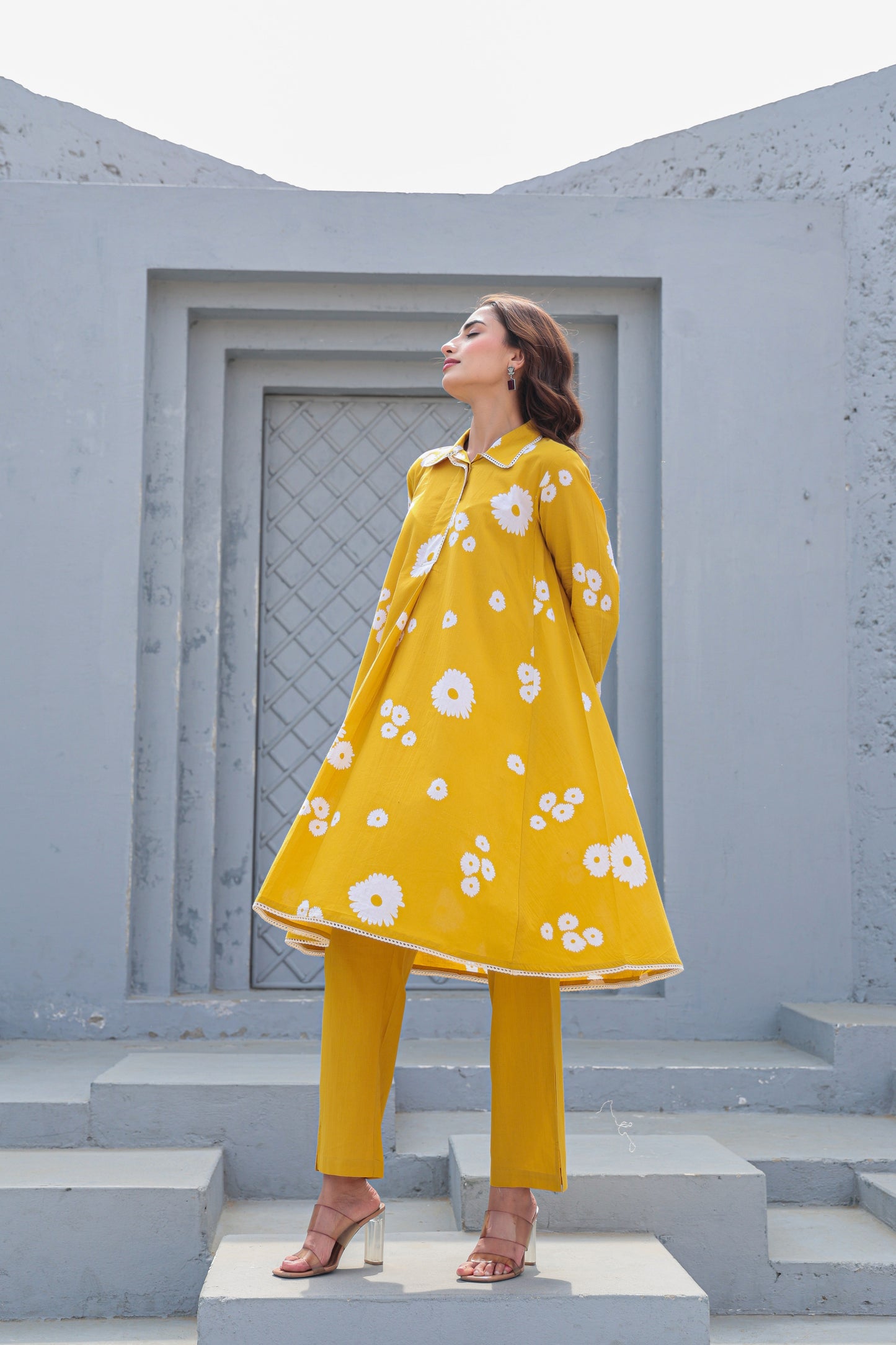 Mustard Yellow Floral Cotton Co-Ord Set A Line Kurta Pant