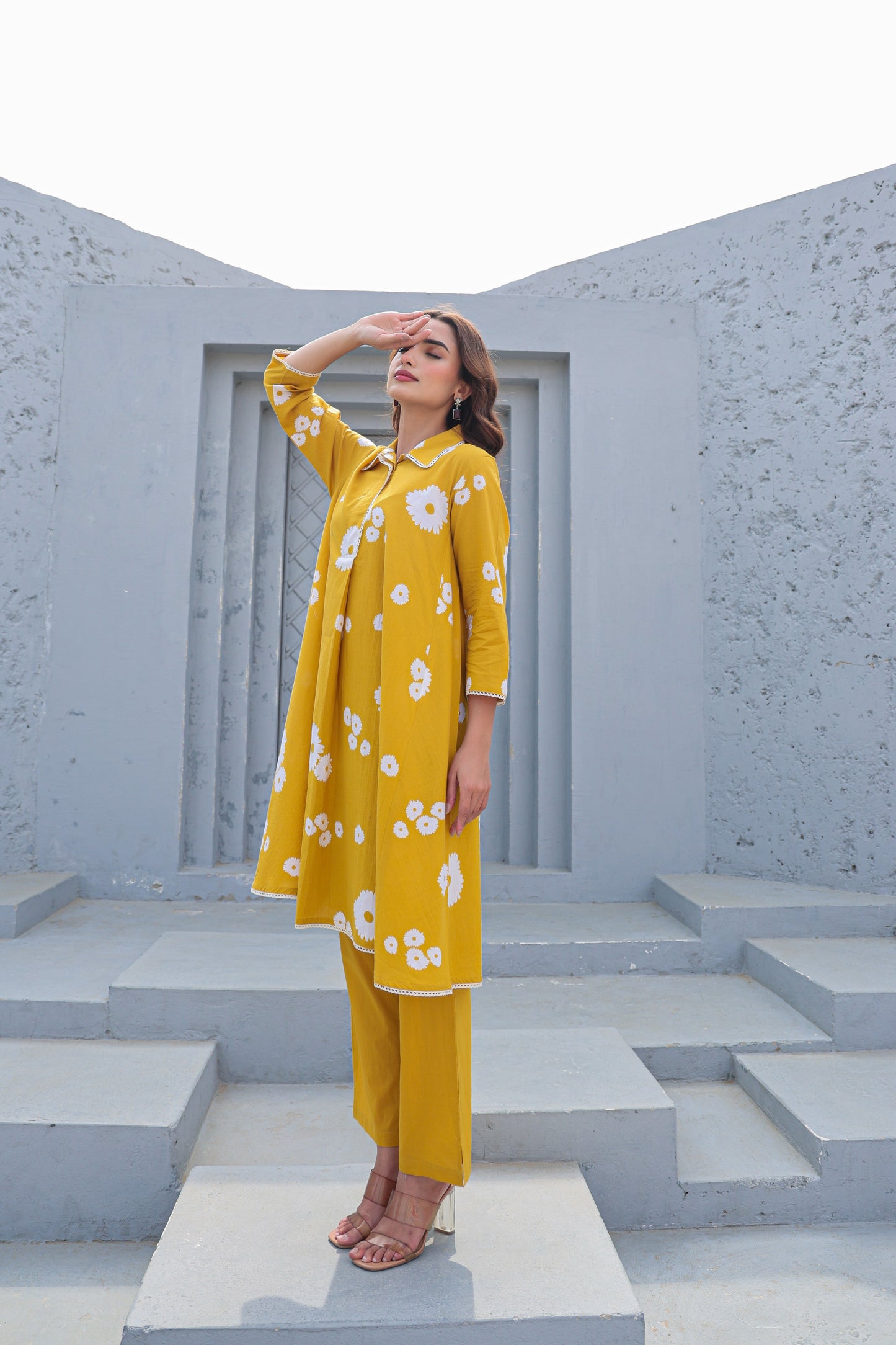 Mustard Yellow Floral Cotton Co-Ord Set A Line Kurta Pant