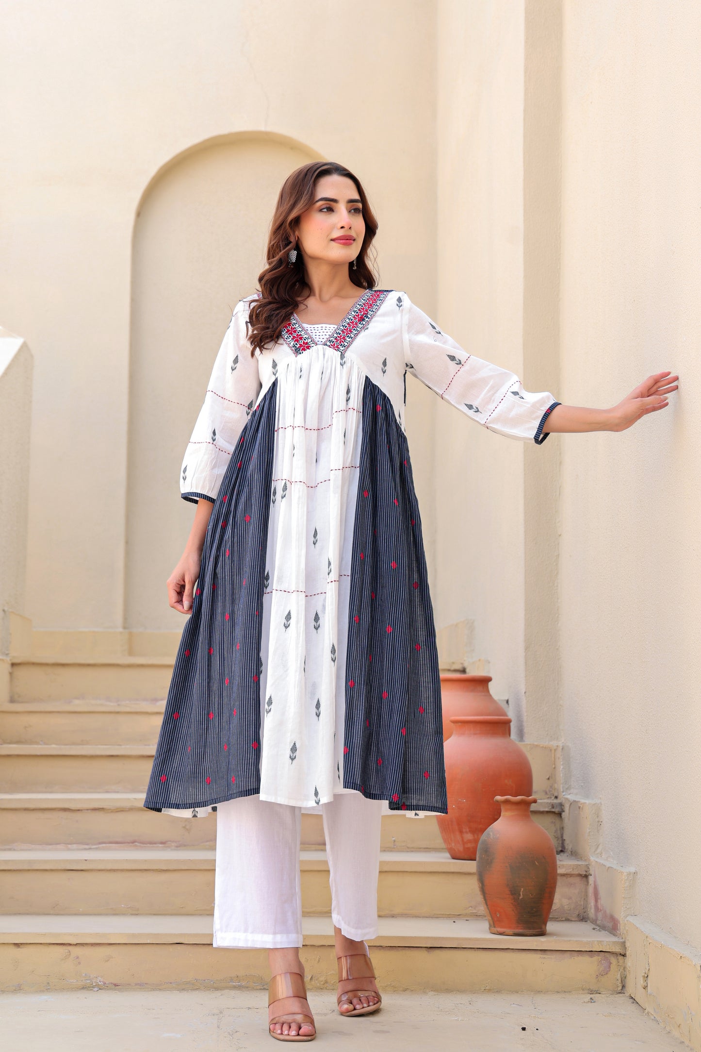 White And Indigo Aline Kurta And Pant