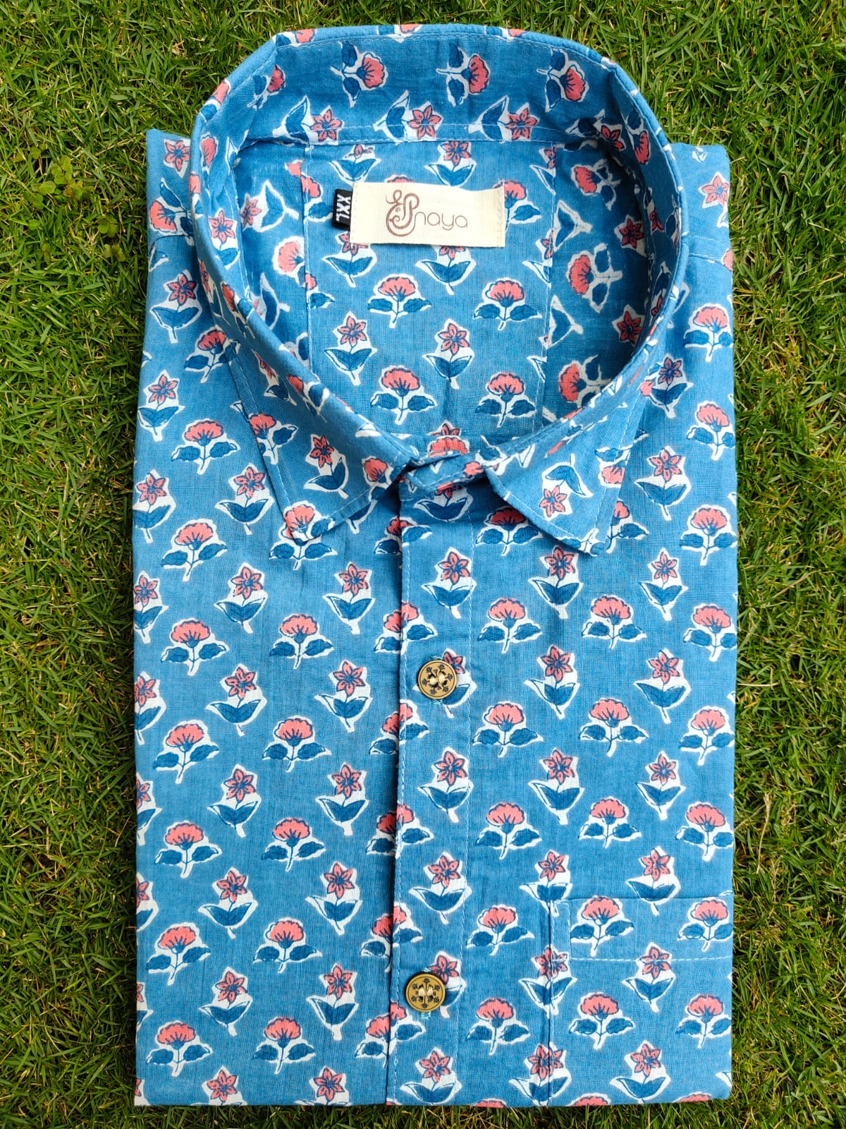 Blue Peach Floral Print Cotton Regular Fit Casual Shirt (Half Sleeves)