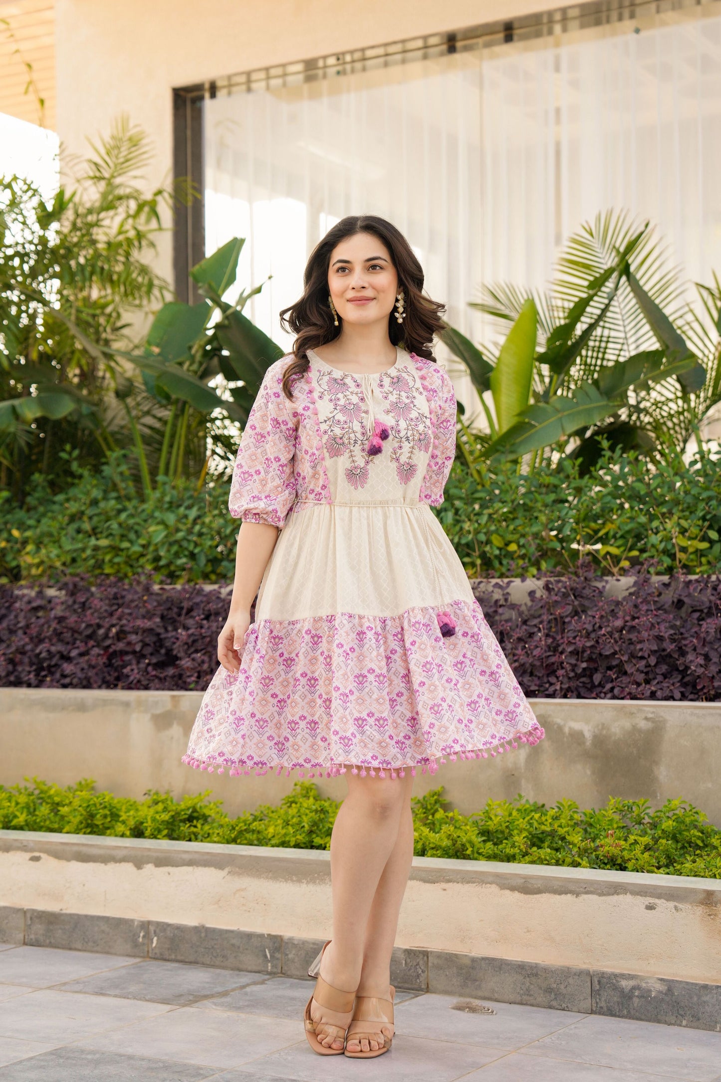 White Lavender Cotton Embroidered Short Dress