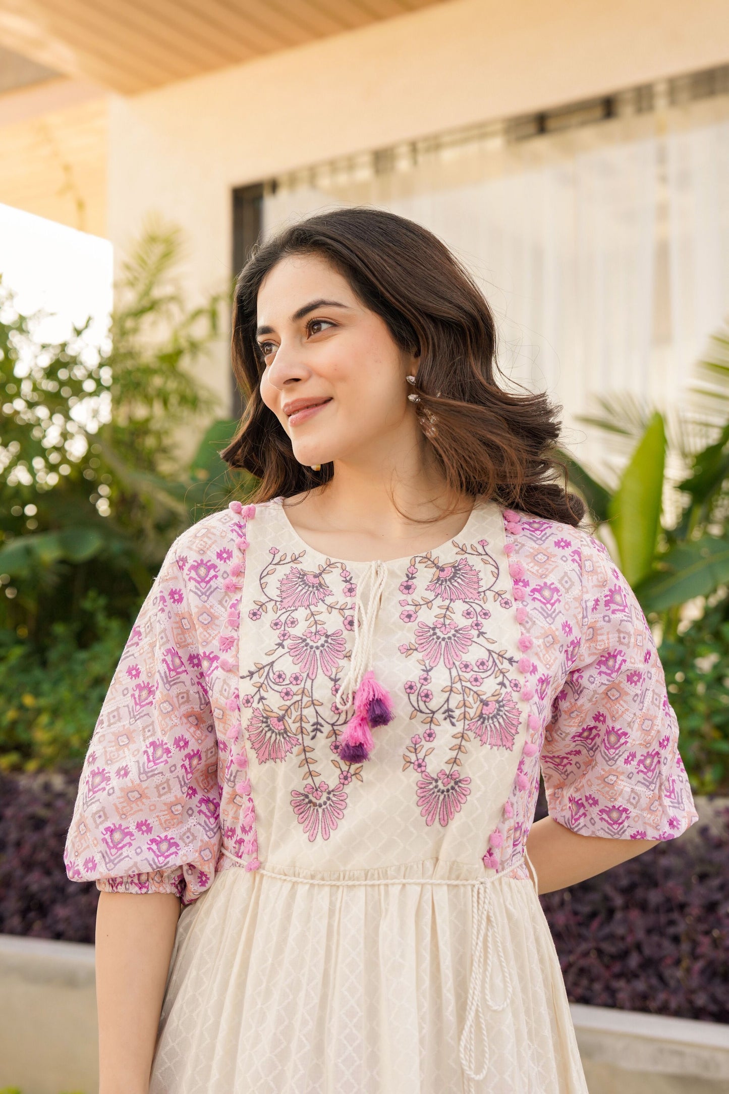 White Lavender Cotton Embroidered Short Dress