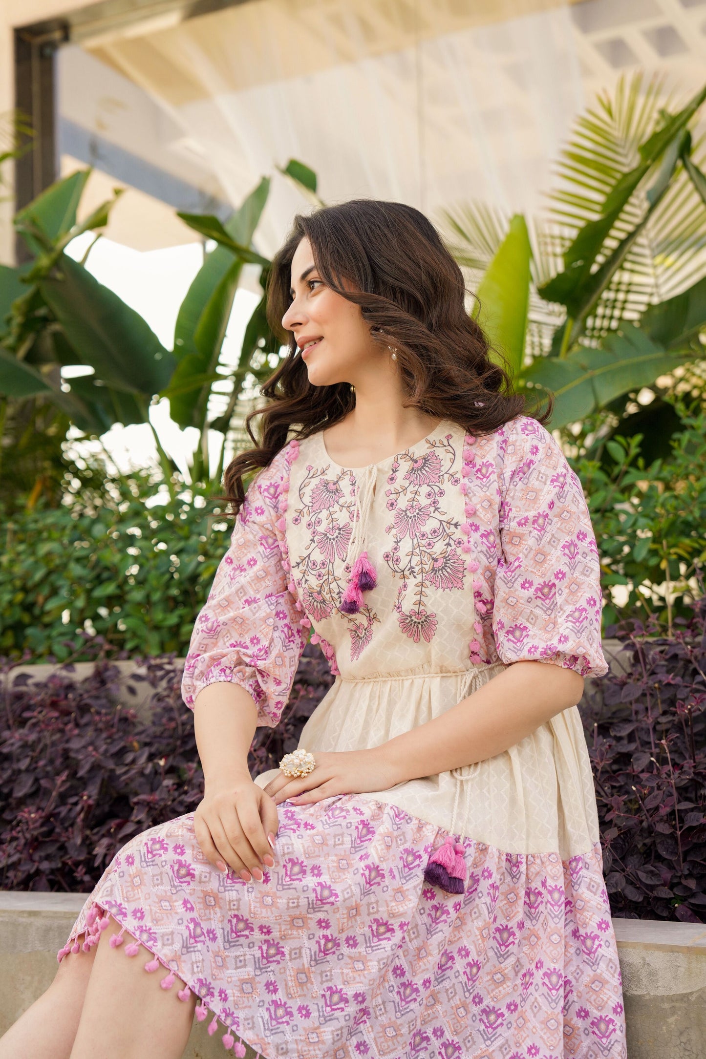 White Lavender Cotton Embroidered Short Dress