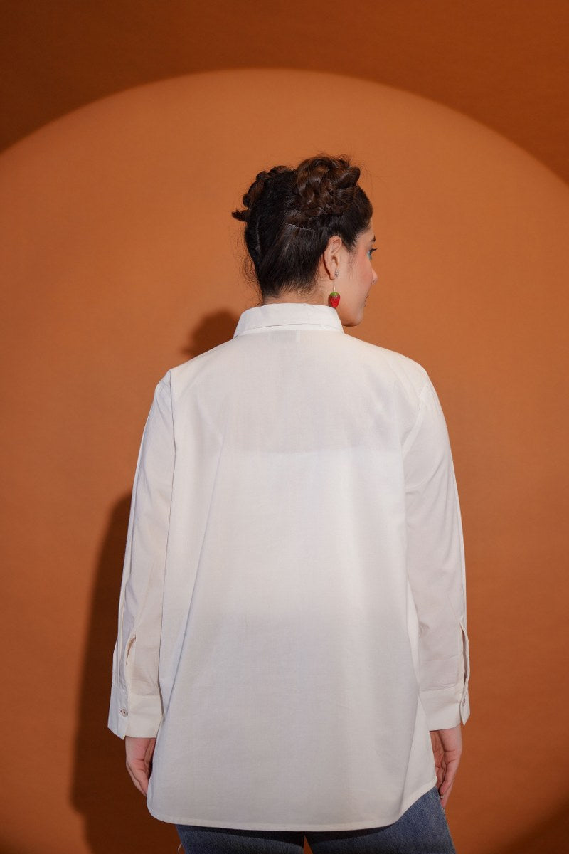 White Daisy Bloom Red Embroidered Shirt