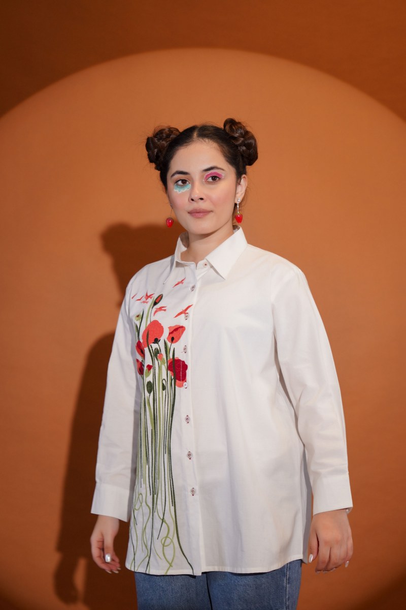White Daisy Bloom Red Embroidered Shirt