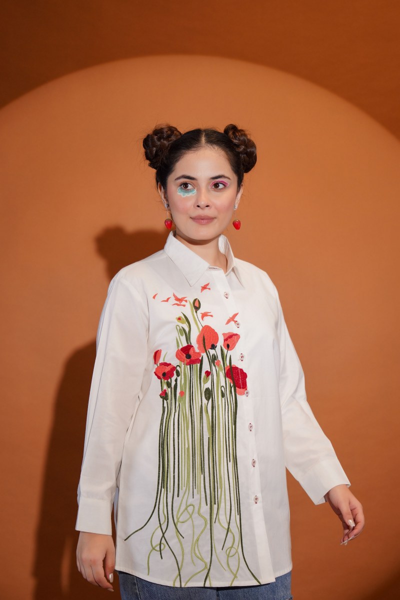 White Daisy Bloom Red Embroidered Shirt