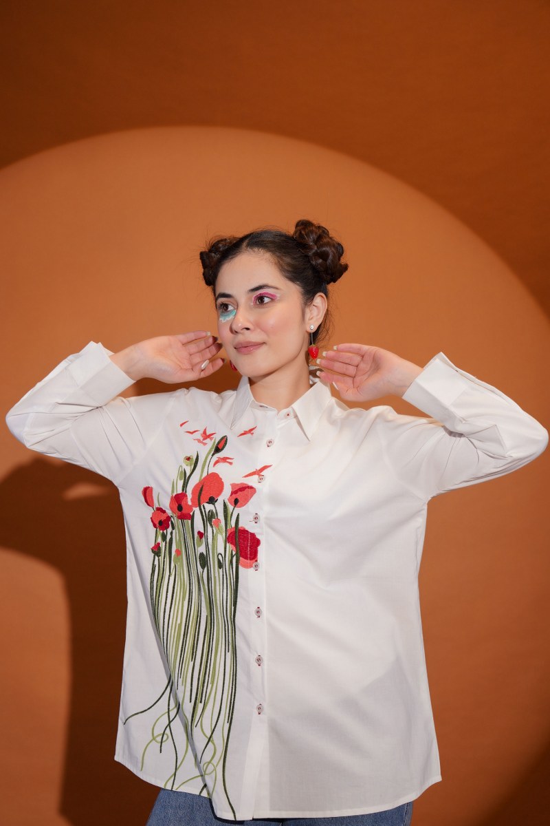 White Daisy Bloom Red Embroidered Shirt