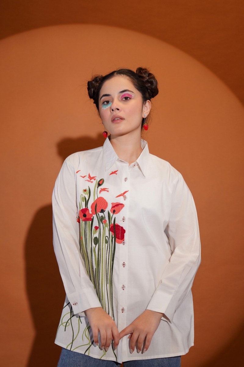 White Daisy Bloom Red Embroidered Shirt