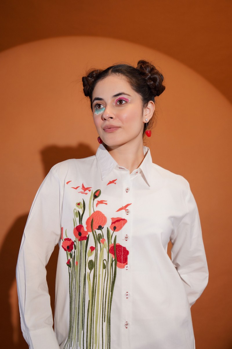 White Daisy Bloom Red Embroidered Shirt