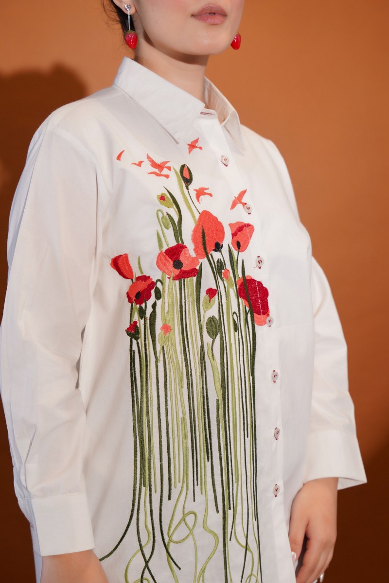 White Daisy Bloom Red Embroidered Shirt