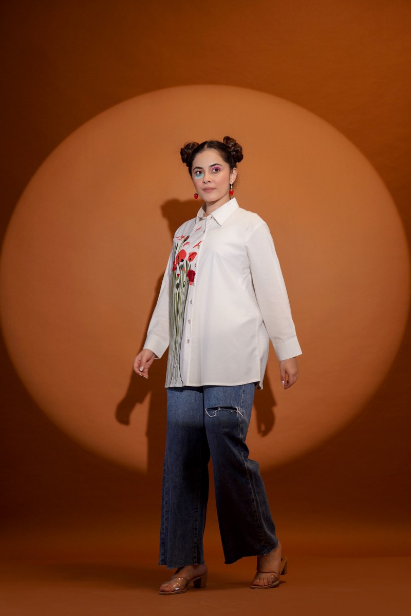 White Daisy Bloom Red Embroidered Shirt