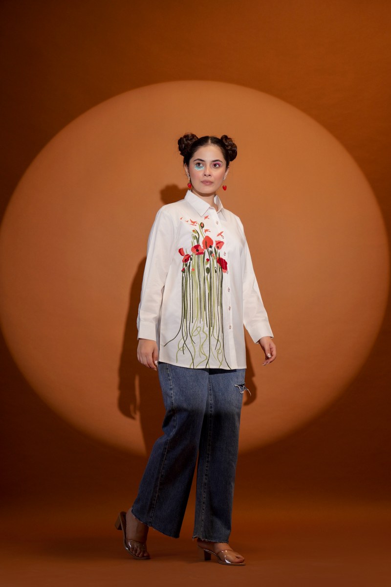 White Daisy Bloom Red Embroidered Shirt