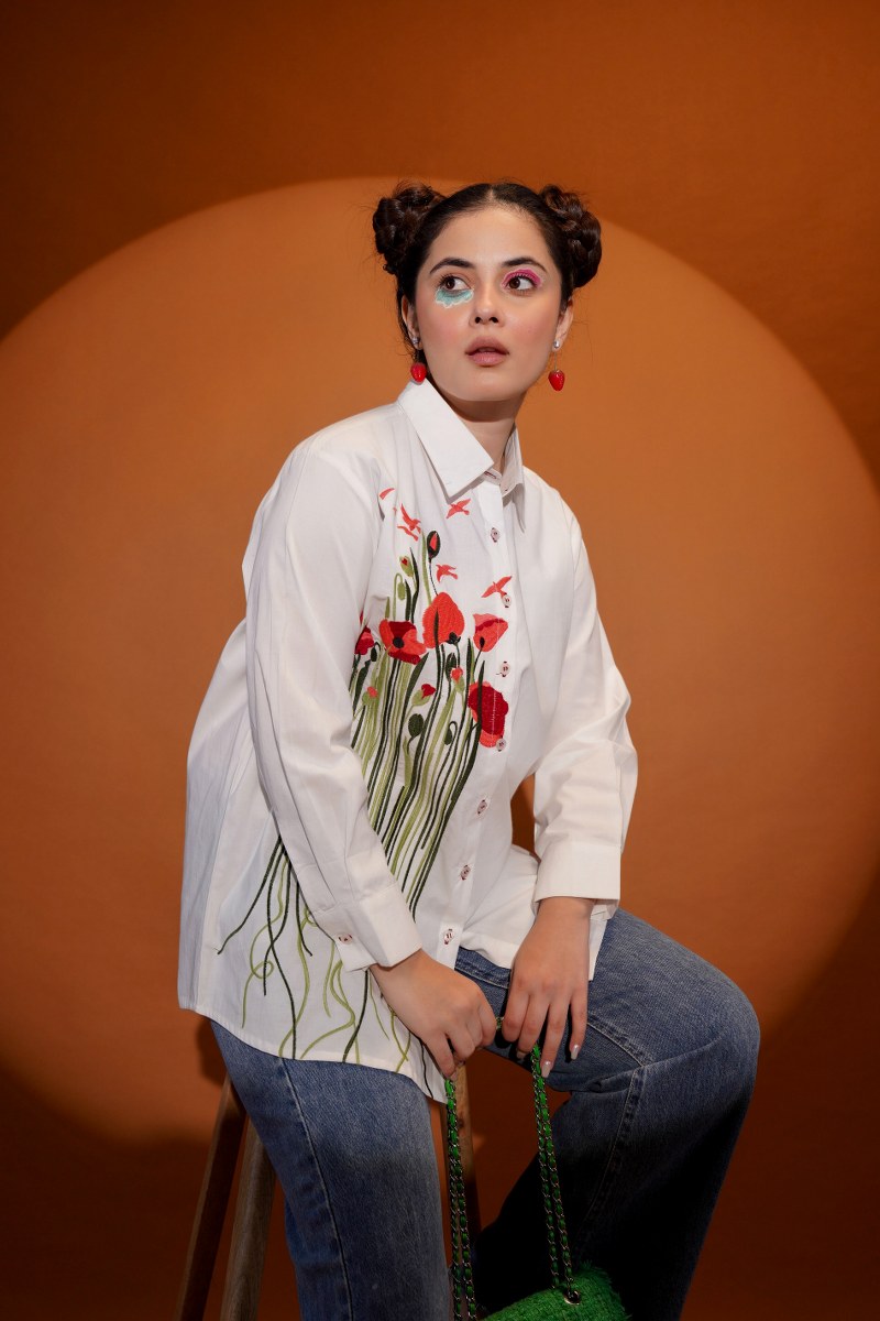 White Daisy Bloom Red Embroidered Shirt