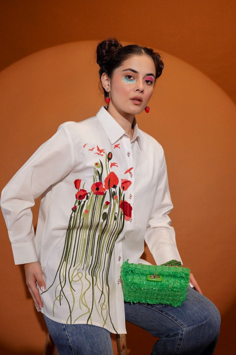 White Daisy Bloom Red Embroidered Shirt