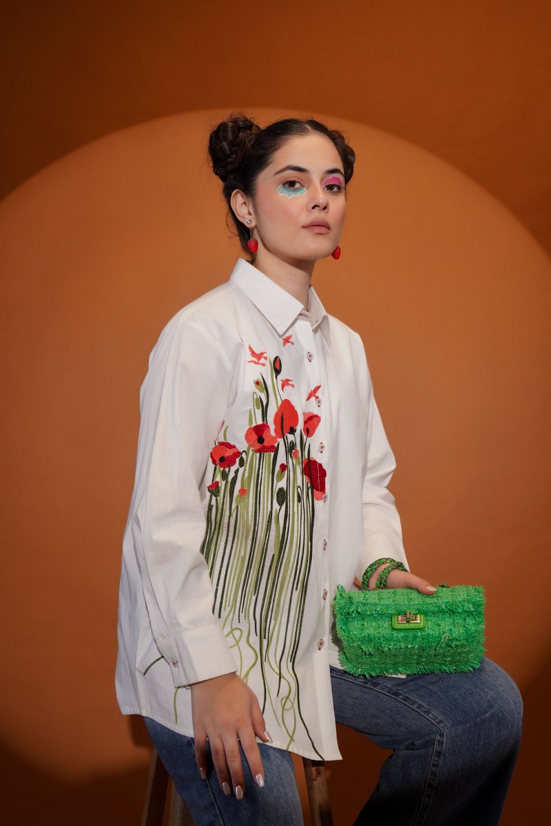 White Daisy Bloom Red Embroidered Shirt
