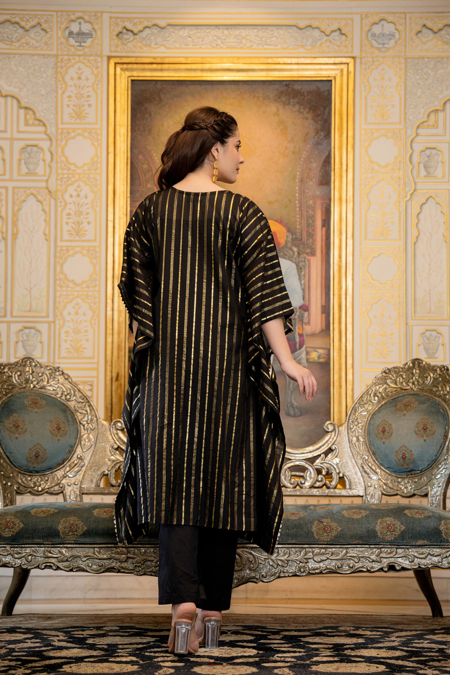 Black Kaftan Style Kurta Set with Tassels and Embroidery